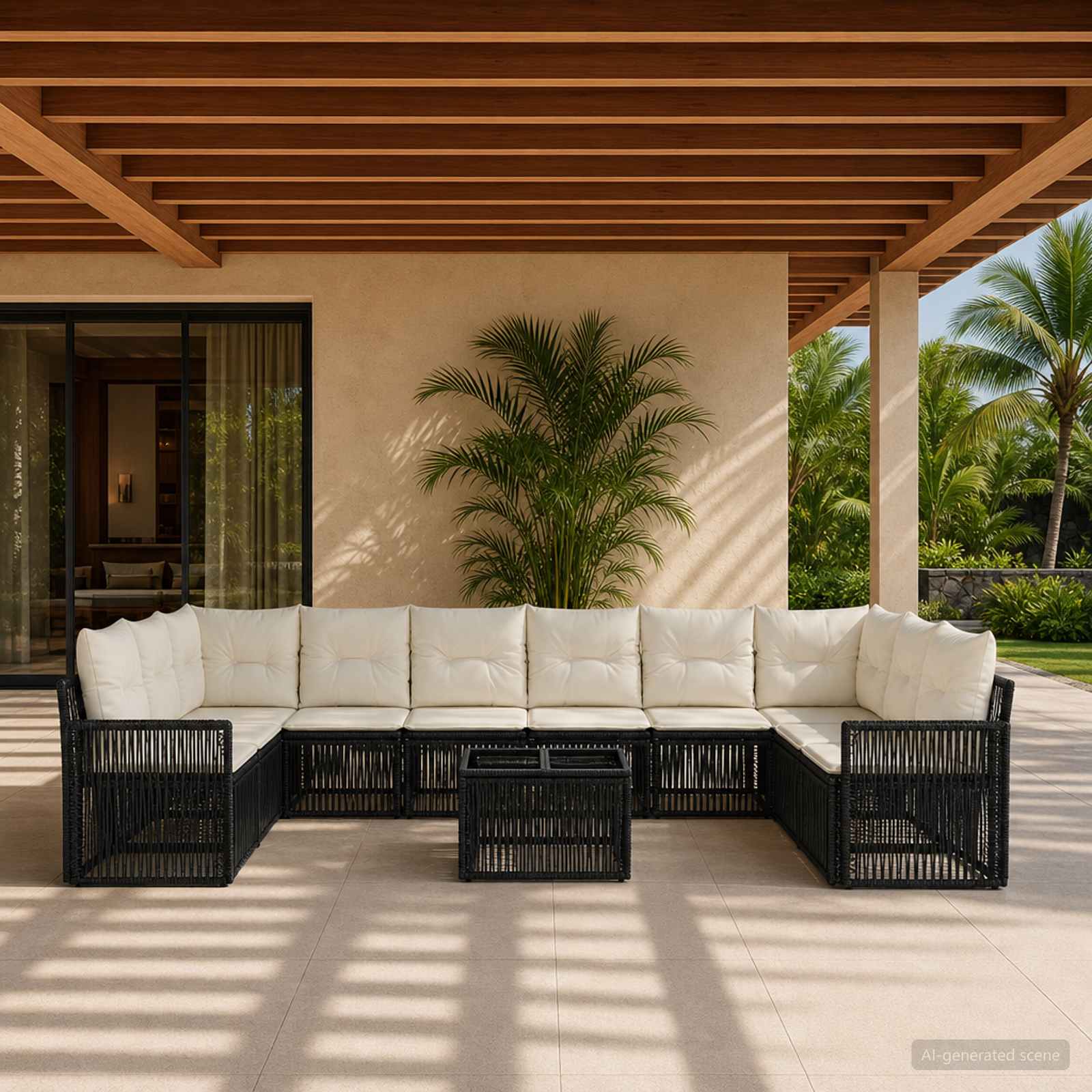 Gartensofa-set 11 stk. Schwarz und Cremeweiß Poly-Rattan