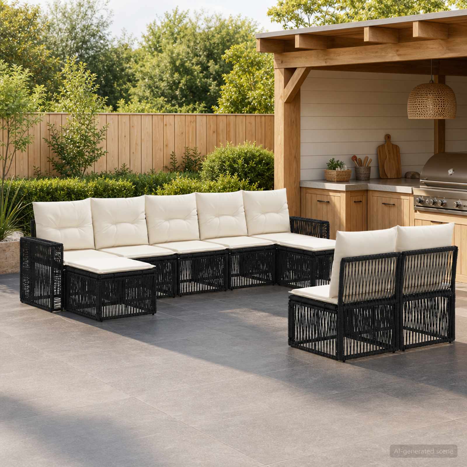 Gartensofa-set 9 pcs Schwarz und Cremeweiß Poly-Rattan