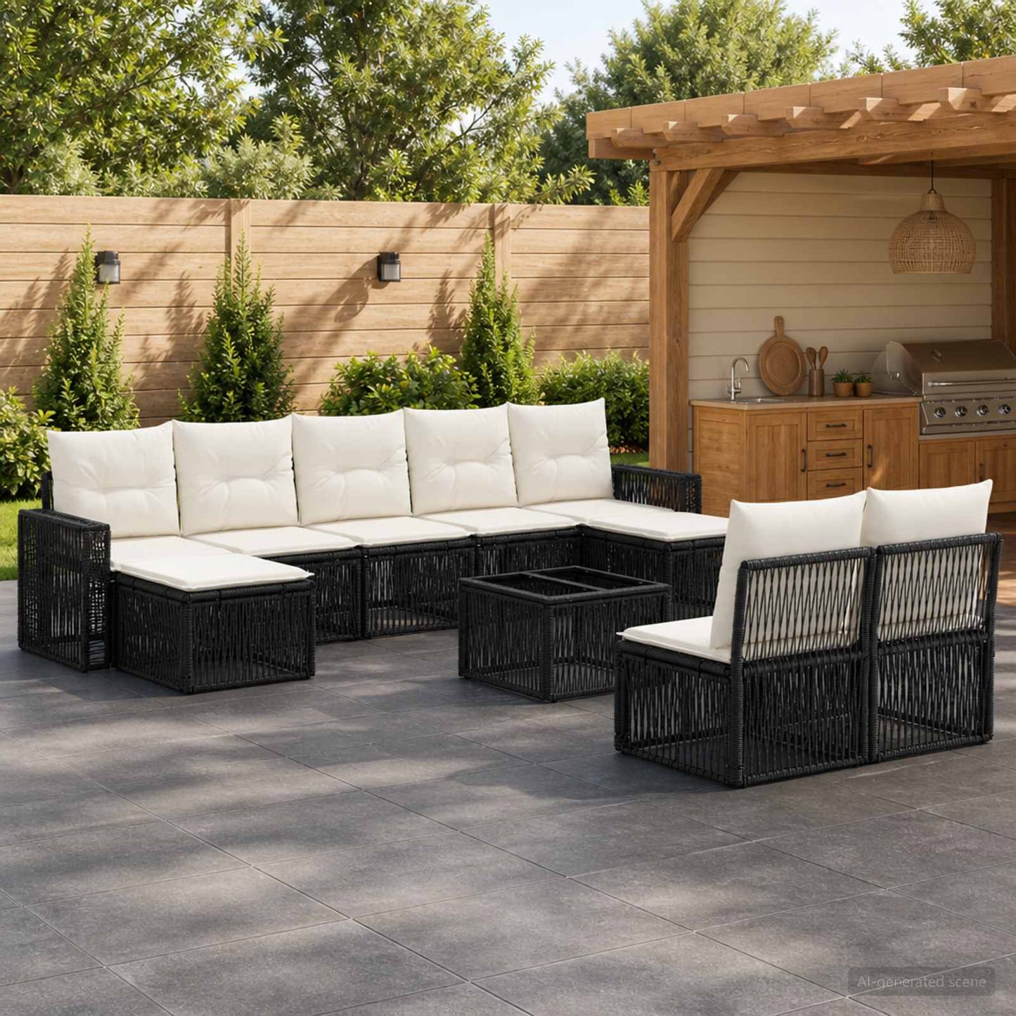 Gartensofa-set 10 pcs Schwarz und Cremeweiß Poly-Rattan