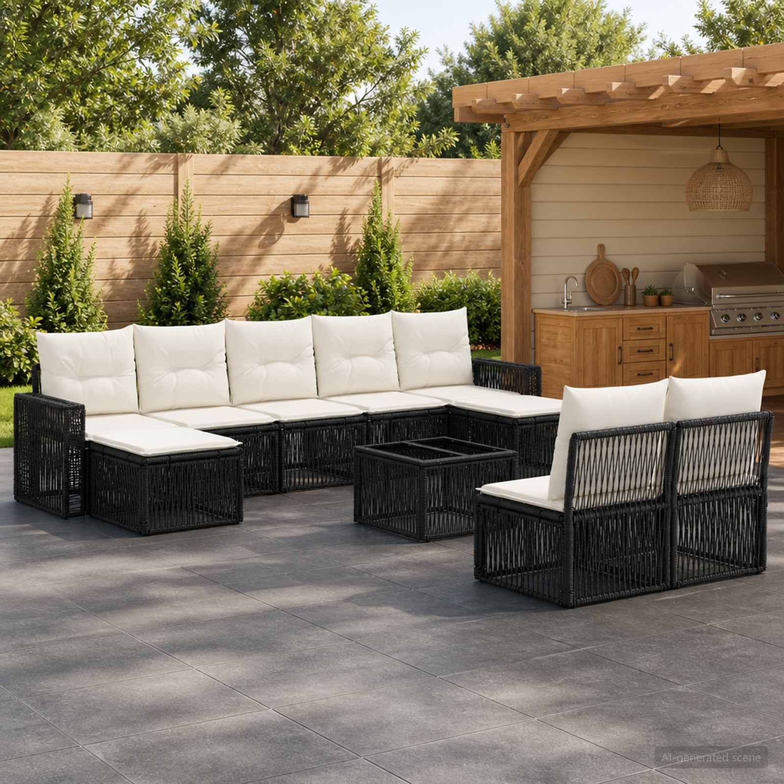 Gartensofa-set 10 pcs Schwarz und Cremeweiß Poly-Rattan