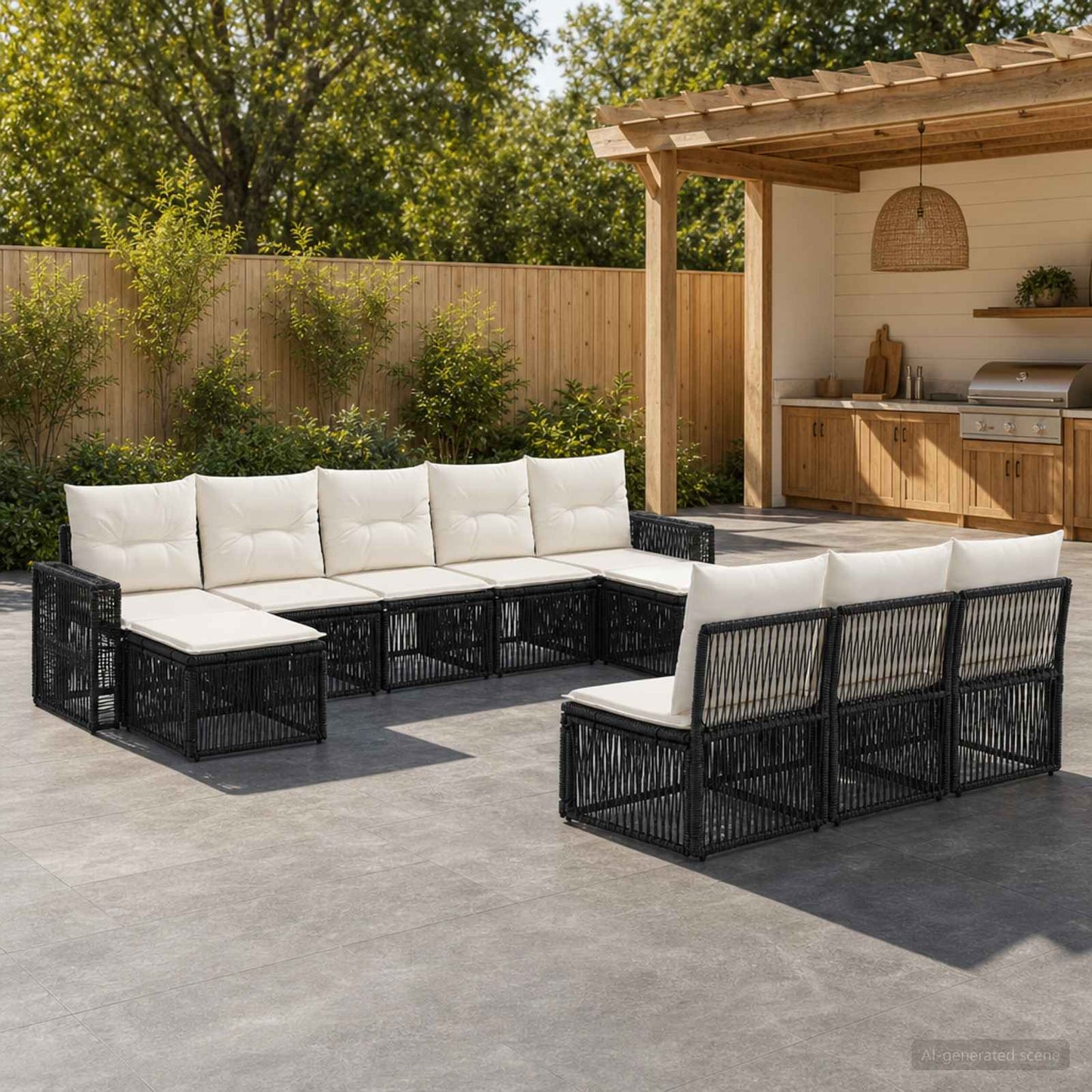 Gartensofa-set 10 pcs Schwarz und Cremeweiß Poly-Rattan