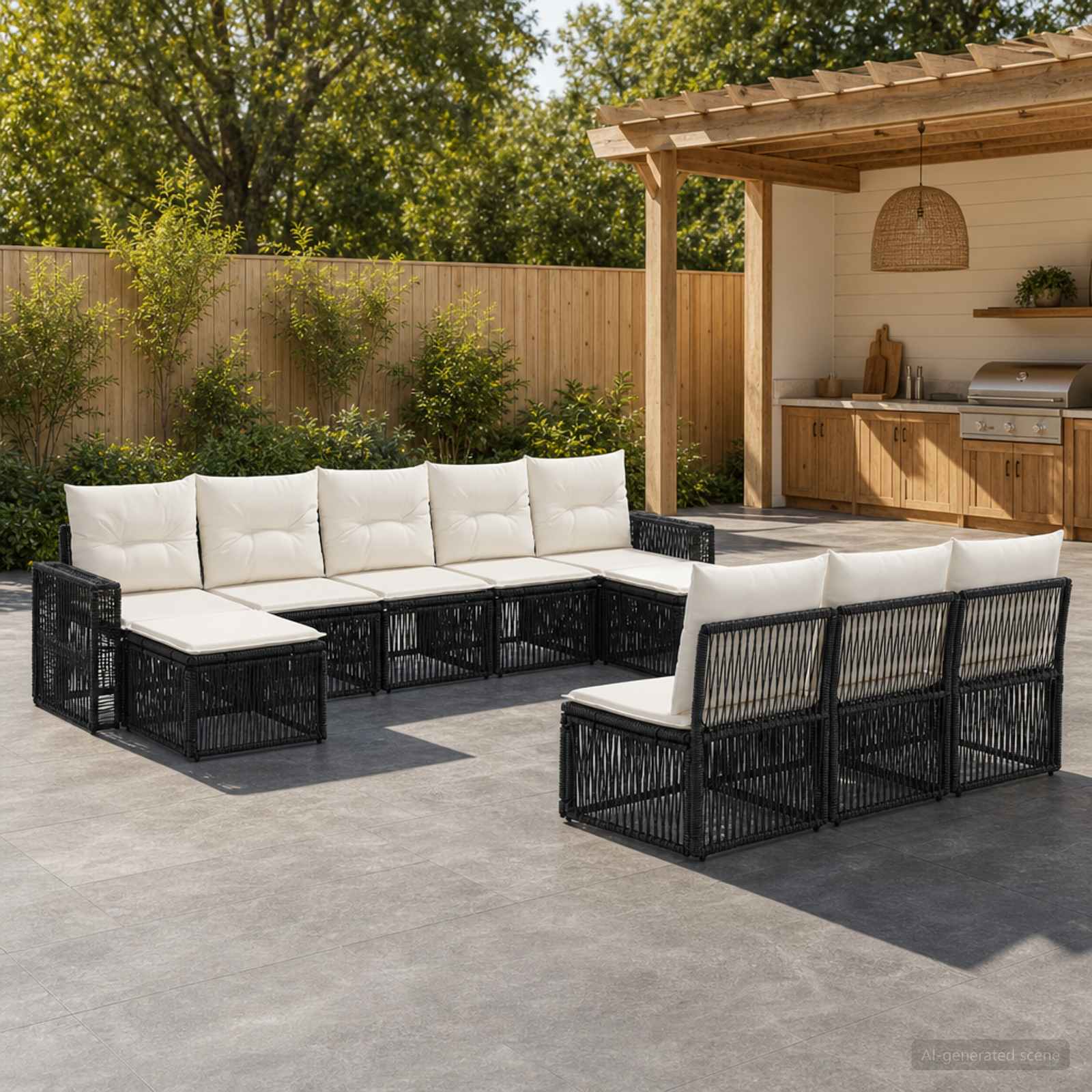 Gartensofa-set 10 pcs Schwarz und Cremeweiß Poly-Rattan