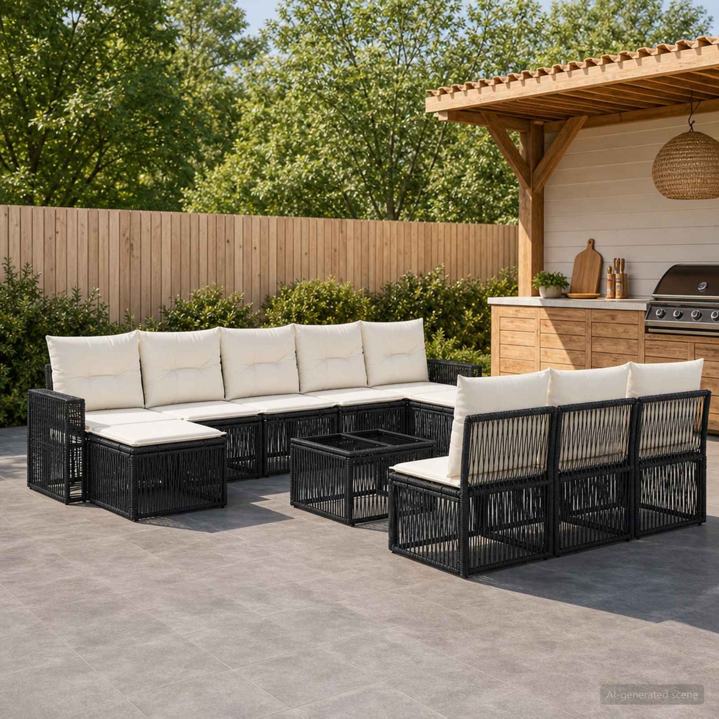 Gartensofa-set 11 pcs Schwarz und Cremeweiß Poly-Rattan