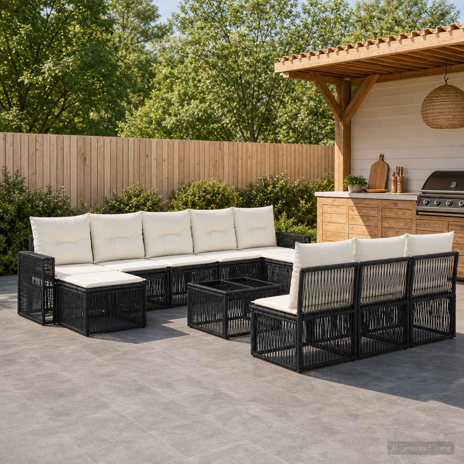 Gartensofa-set 11 pcs Schwarz und Cremeweiß Poly-Rattan