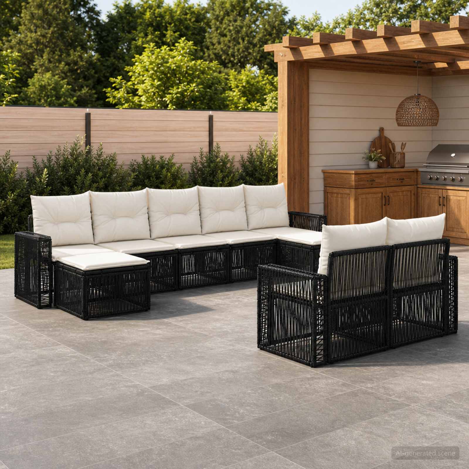 Gartensofa-set 9 pcs Schwarz und Cremeweiß Poly-Rattan