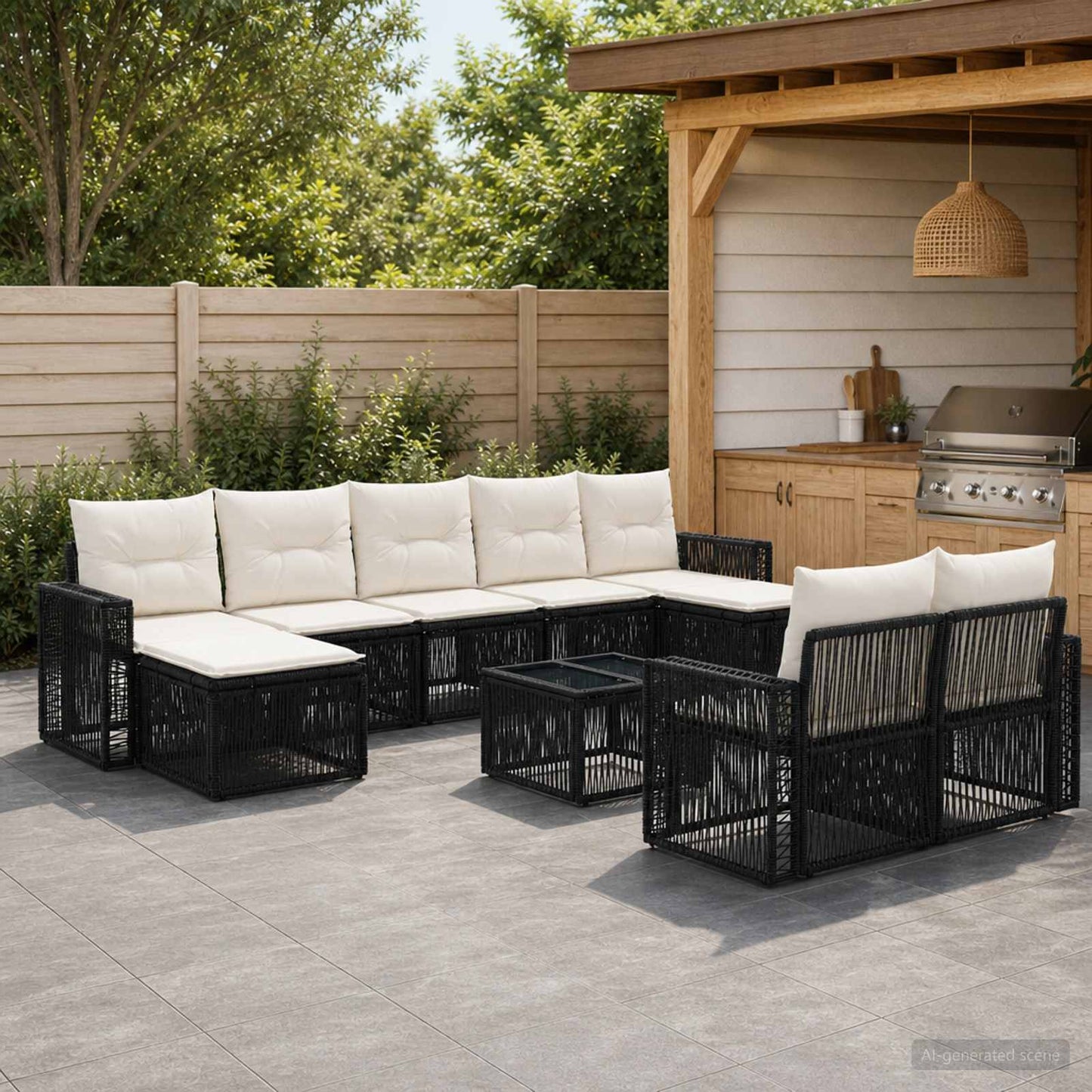 Gartensofa-set 10 pcs Schwarz und Cremeweiß Poly-Rattan