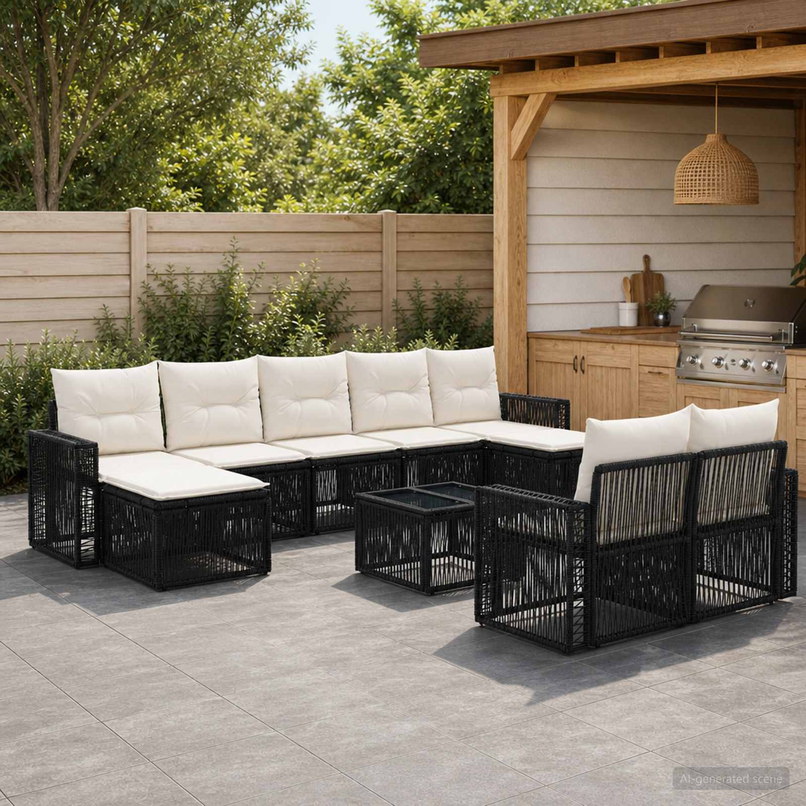 Gartensofa-set 10 pcs Schwarz und Cremeweiß Poly-Rattan