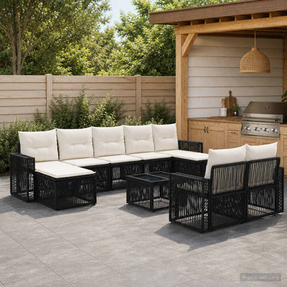 Gartensofa-set 10 stk. Schwarz und Cremeweiß Poly-Rattan
