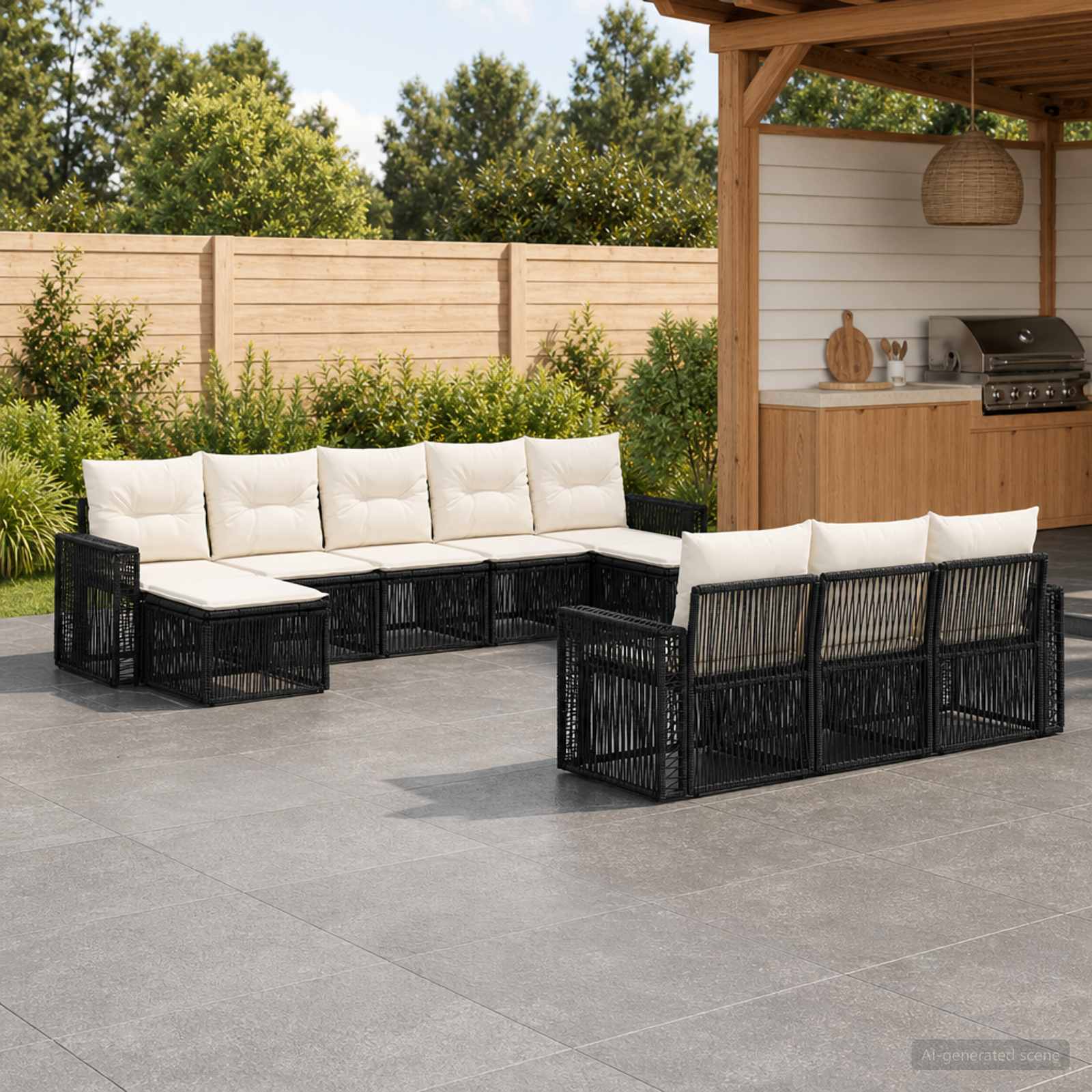 Gartensofa-set 10 pcs Schwarz und Cremeweiß Poly-Rattan