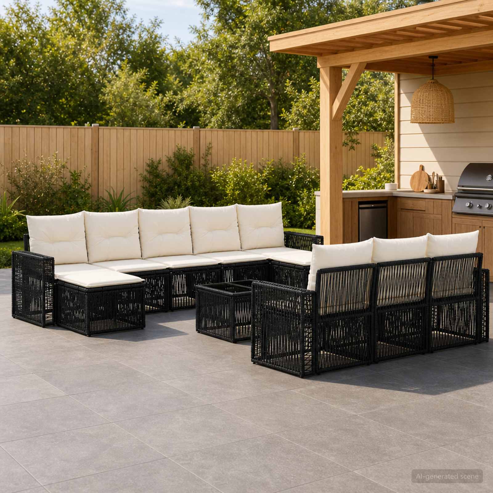 Gartensofa-set 11 pcs Schwarz und Cremeweiß Poly-Rattan