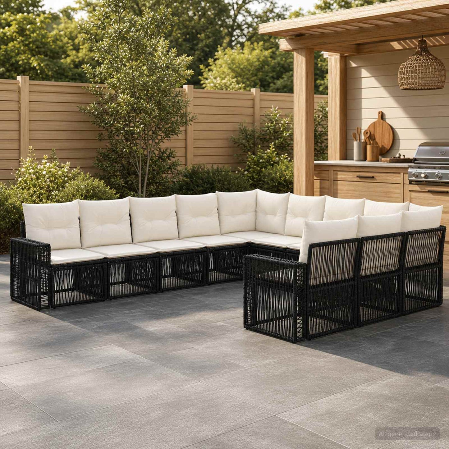 Gartensofa-set 11 pcs Schwarz und Cremeweiß Poly-Rattan