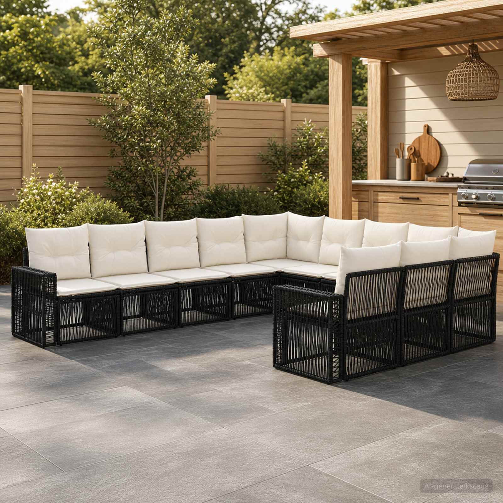 Gartensofa-set 11 pcs Schwarz und Cremeweiß Poly-Rattan