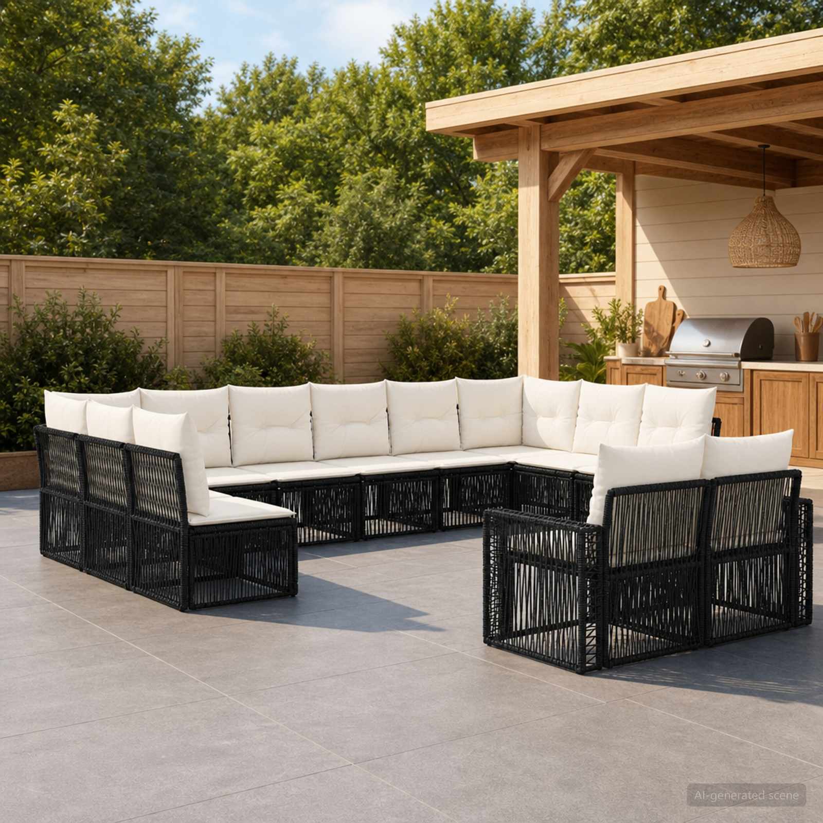 Gartensofa-set 12 pcs Schwarz und Cremeweiß Poly-Rattan