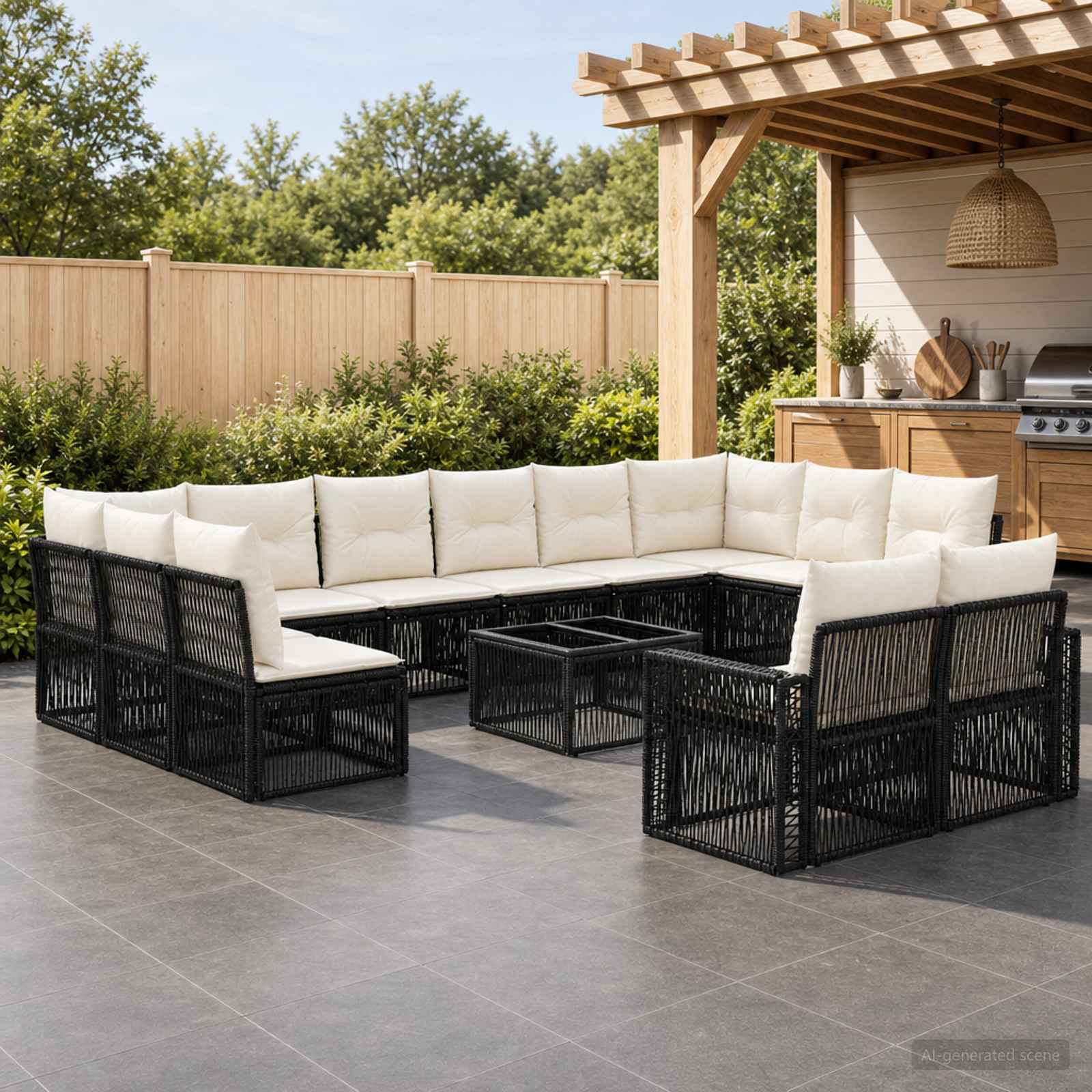 Gartensofa-set 13 pcs Schwarz und Cremeweiß Poly-Rattan