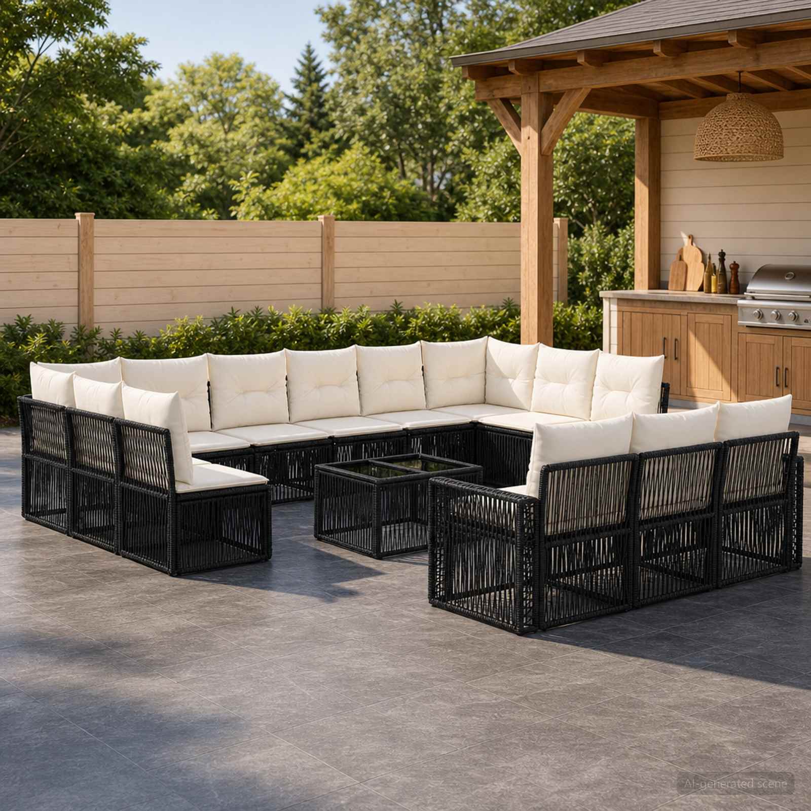 Gartensofa-set 14 pcs Schwarz und Cremeweiß Poly-Rattan