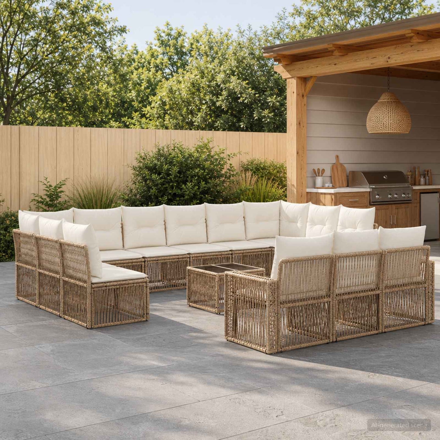 Gartensofa-set 14 pcs Beige und Cremeweiß Poly-Rattan