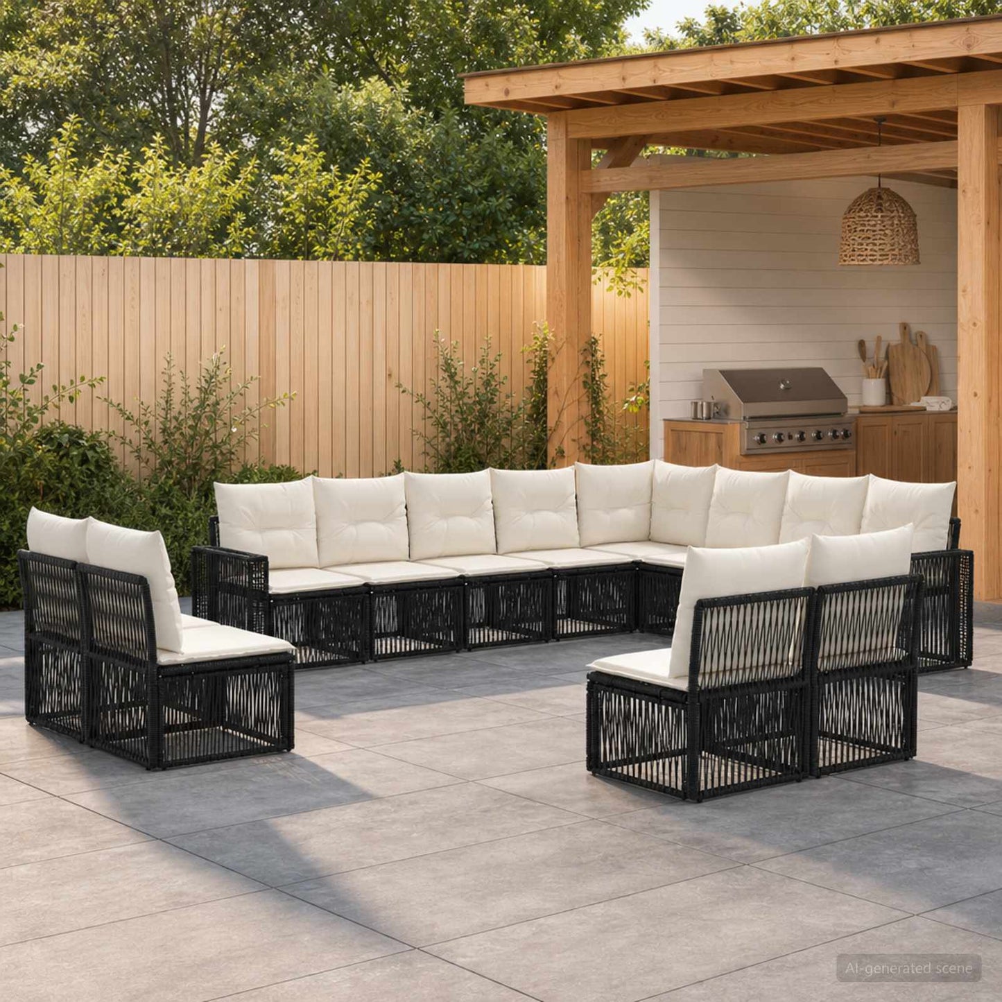 Gartensofa-set 12 pcs Schwarz und Cremeweiß Poly-Rattan