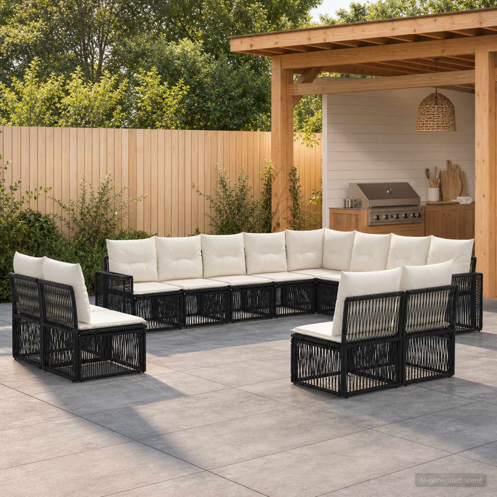 Gartensofa-set 12 pcs Schwarz und Cremeweiß Poly-Rattan