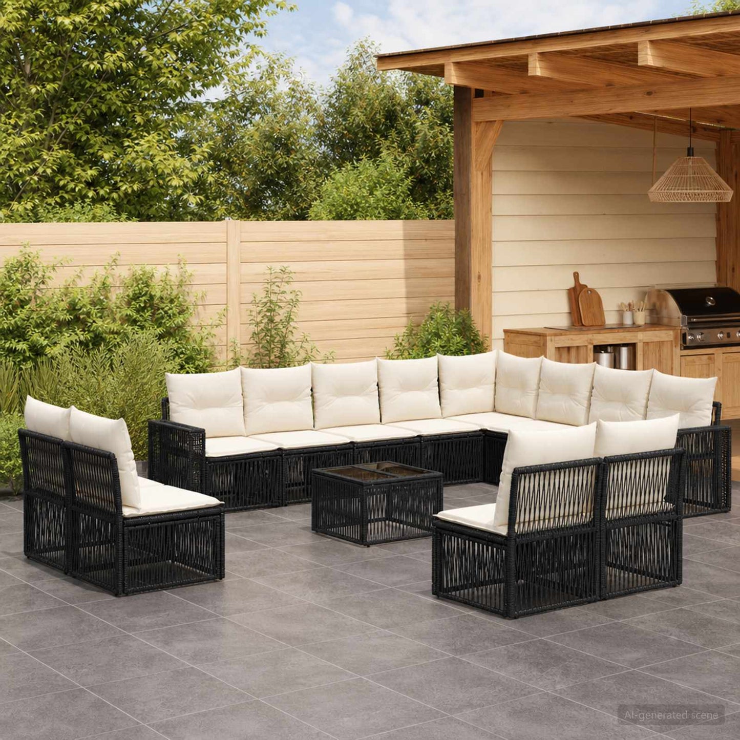 Gartensofa-set 13 pcs Schwarz und Cremeweiß Poly-Rattan