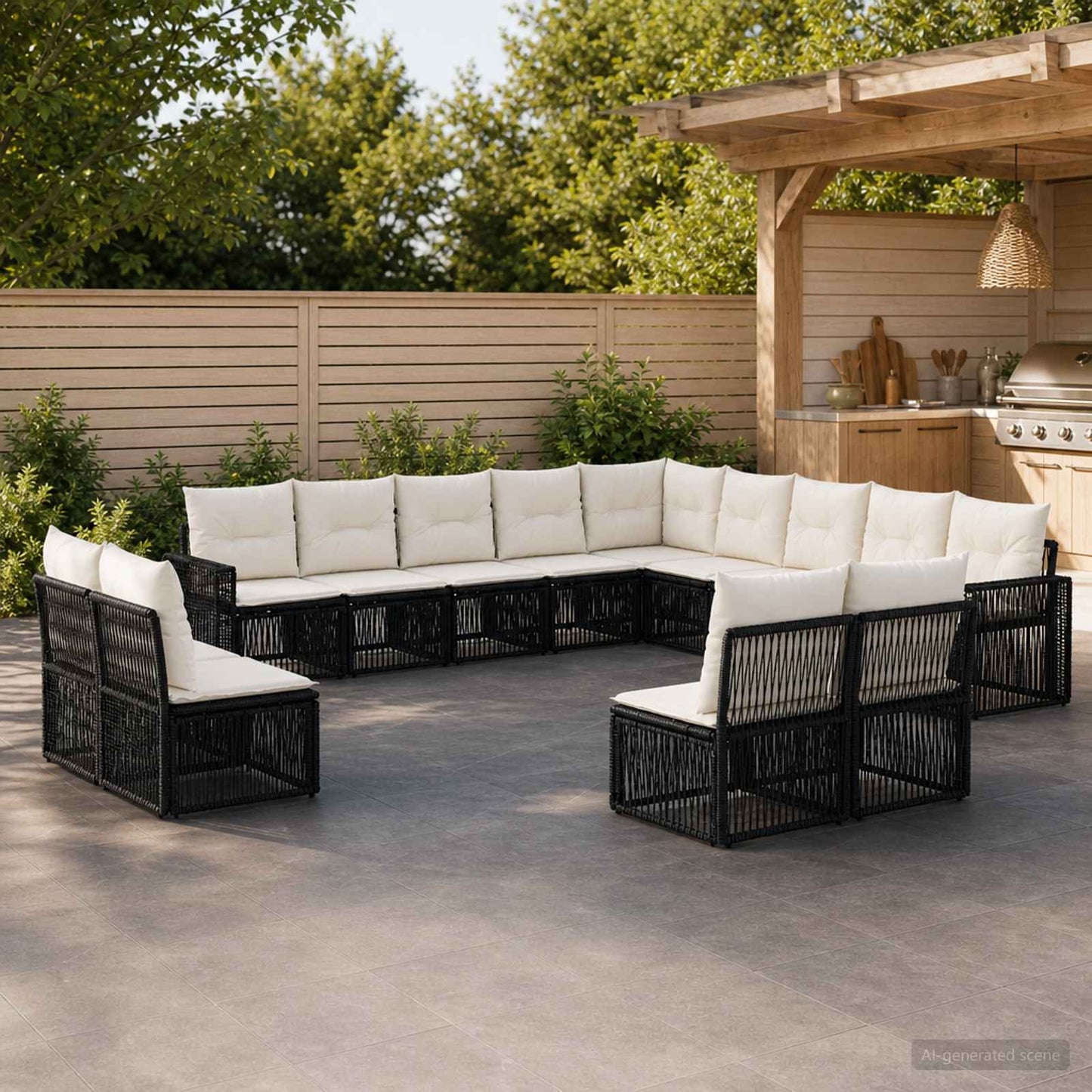 Gartensofa-set 13 pcs Schwarz und Cremeweiß Poly-Rattan