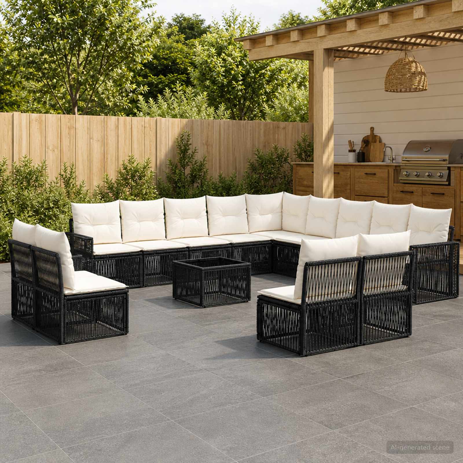 Gartensofa-set 14 pcs Schwarz und Cremeweiß Poly-Rattan