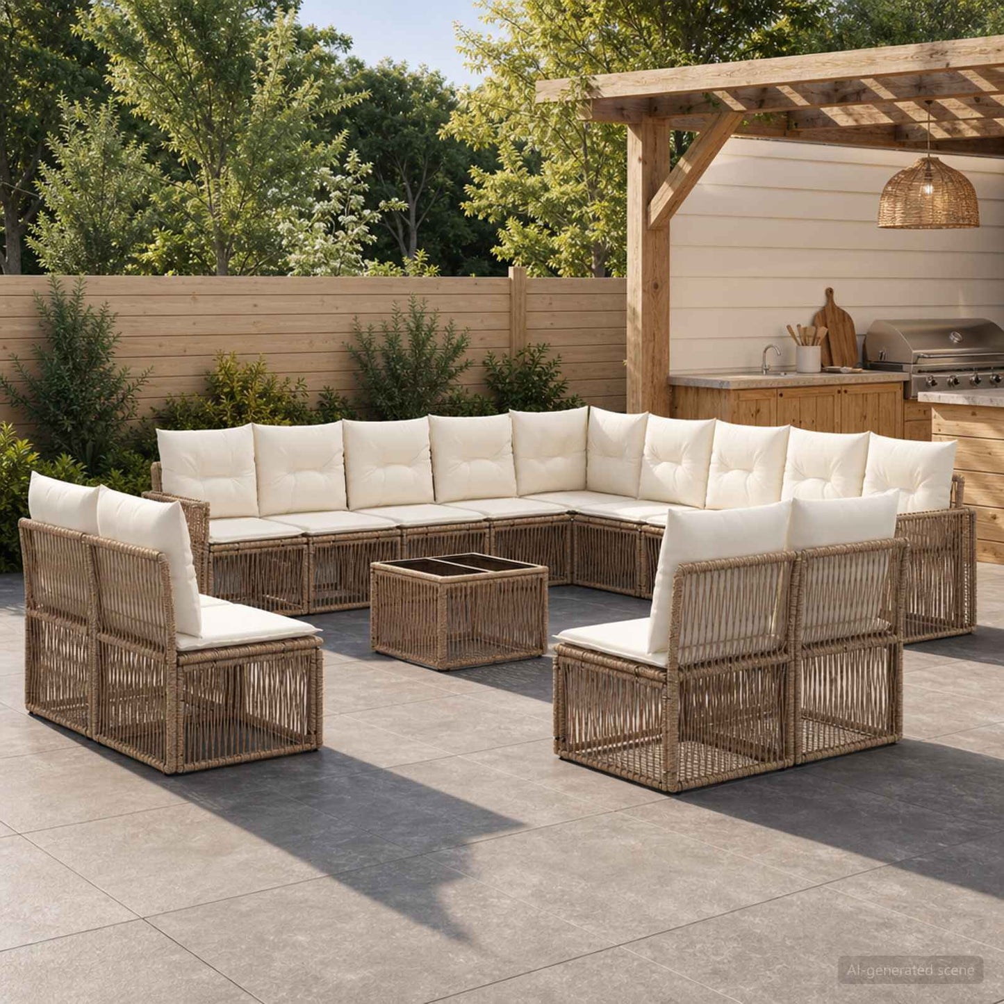 Gartensofa-set 14 pcs Beige und Cremeweiß Poly-Rattan