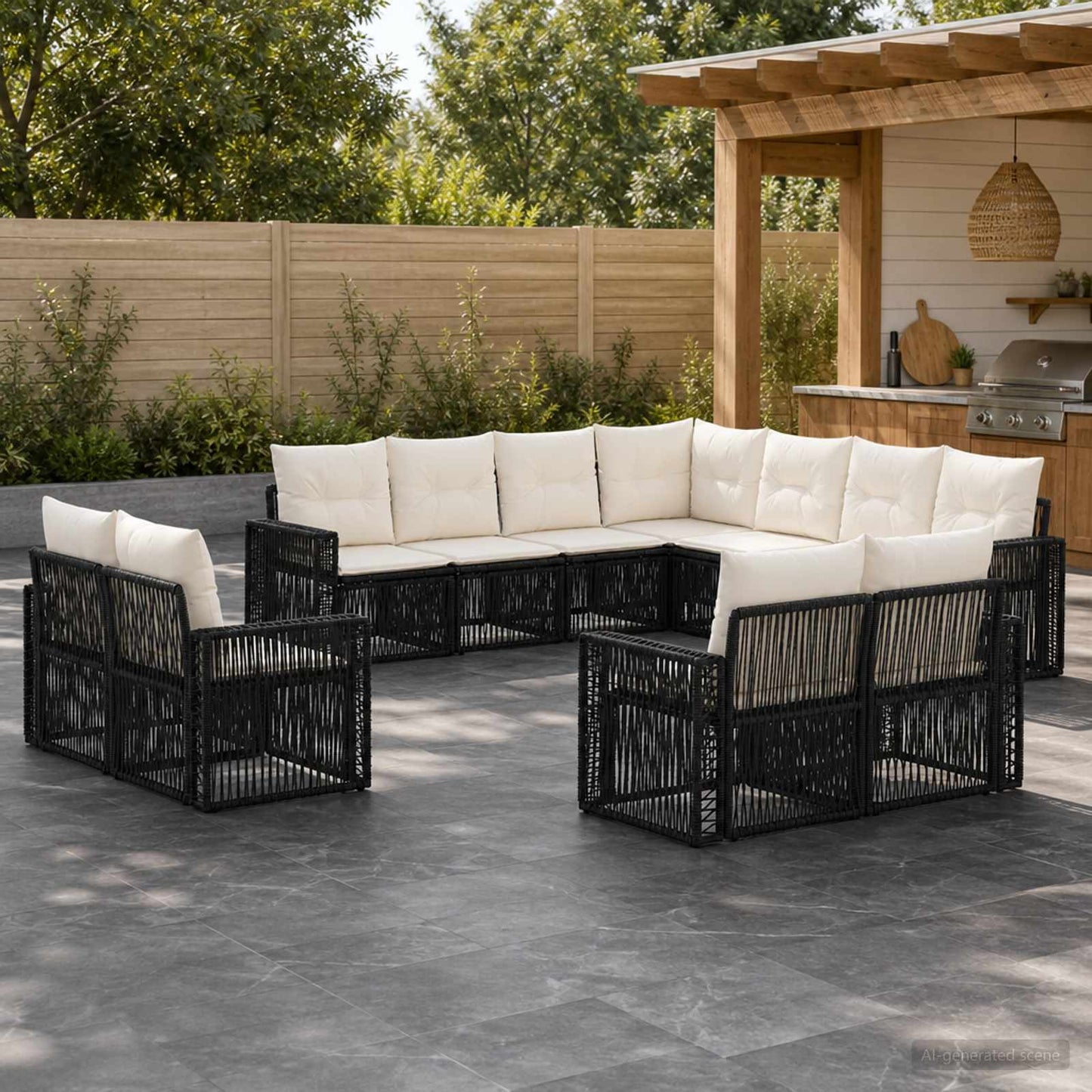Gartensofa-set 11 pcs Schwarz und Cremeweiß Poly-Rattan