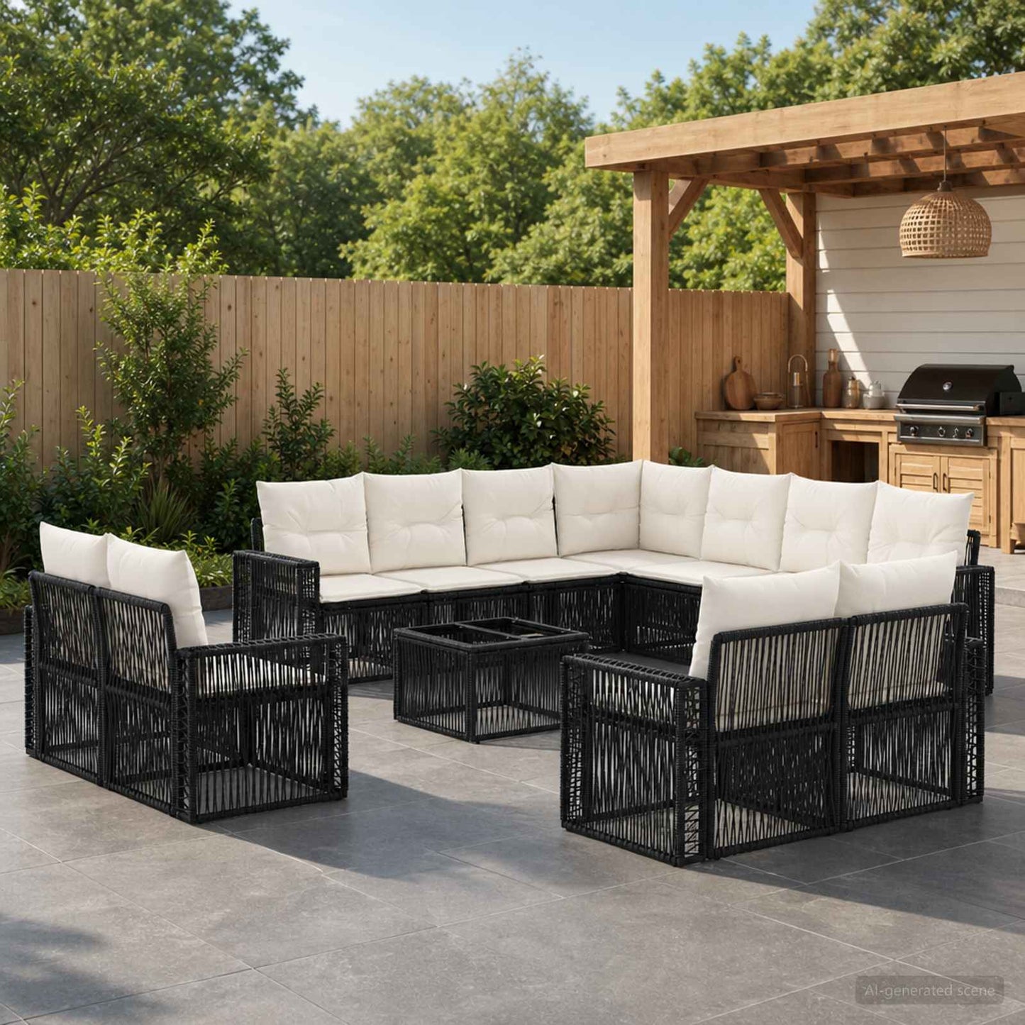 Gartensofa-set 12 pcs Schwarz und Cremeweiß Poly-Rattan