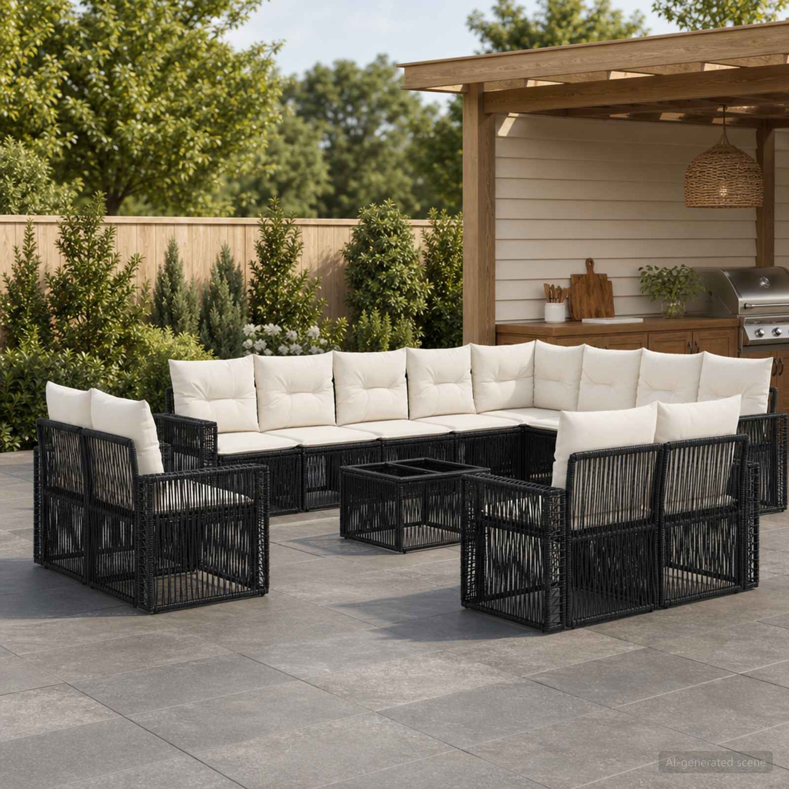 Gartensofa-set 13 pcs Schwarz und Cremeweiß Poly-Rattan