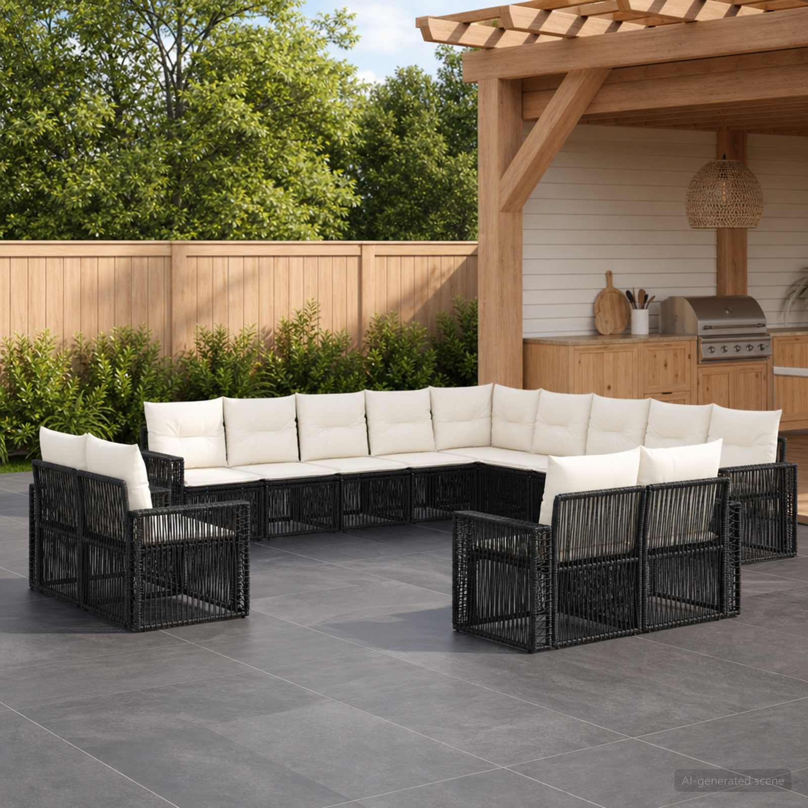 Gartensofa-set 13 pcs Schwarz und Cremeweiß Poly-Rattan