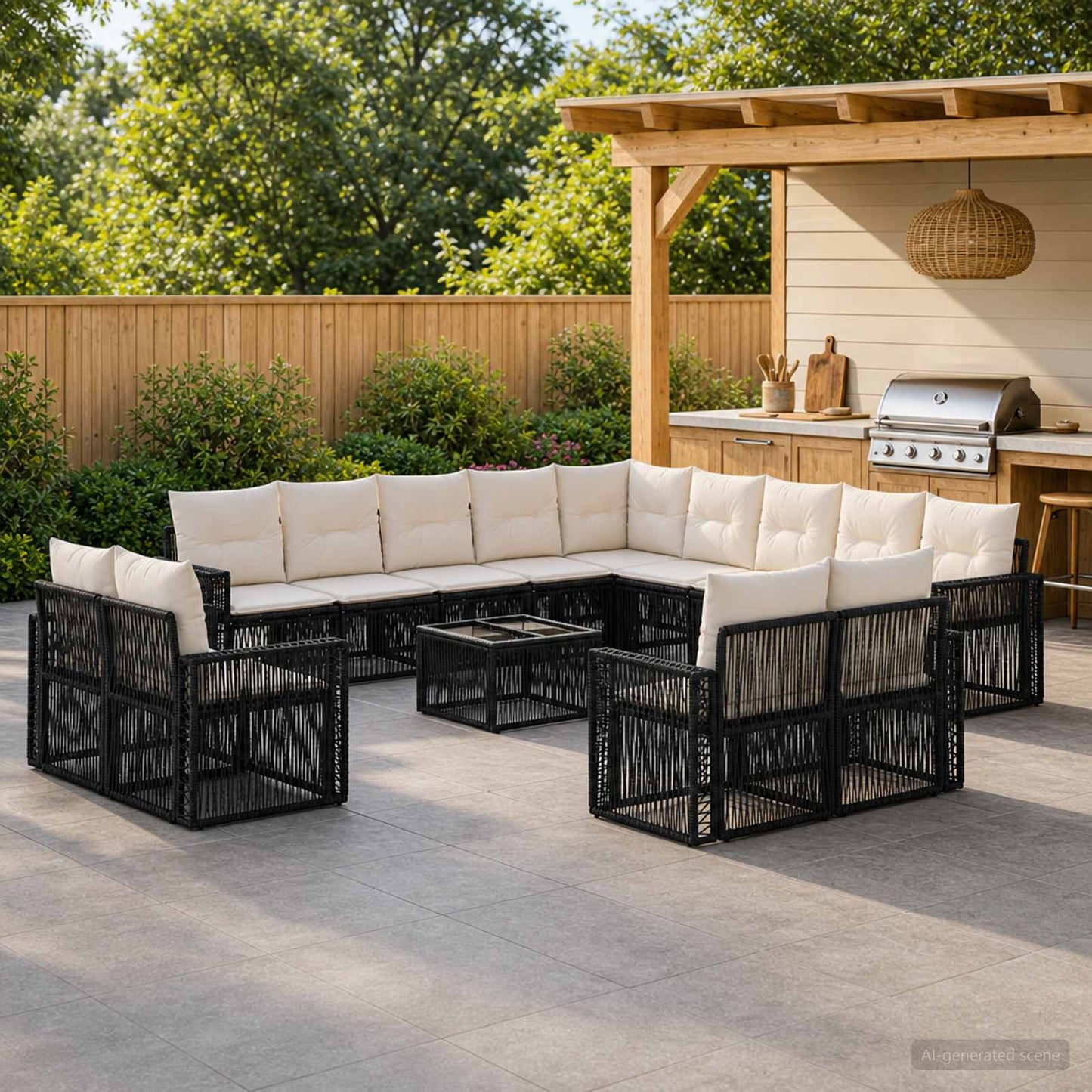Gartensofa-set 14 pcs Schwarz und Cremeweiß Poly-Rattan
