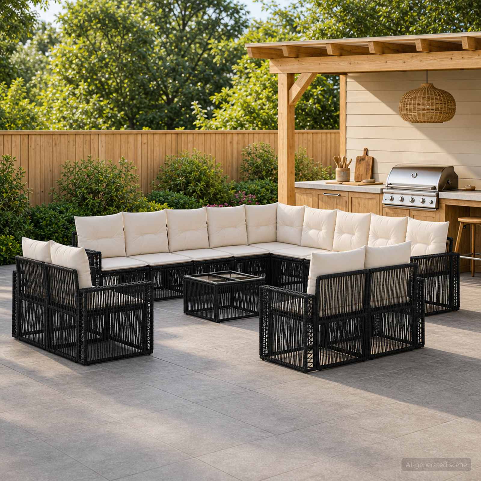 Gartensofa-set 14 pcs Schwarz und Cremeweiß Poly-Rattan