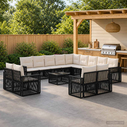 Gartensofa-set 14 stk. Schwarz und Cremeweiß Poly-Rattan