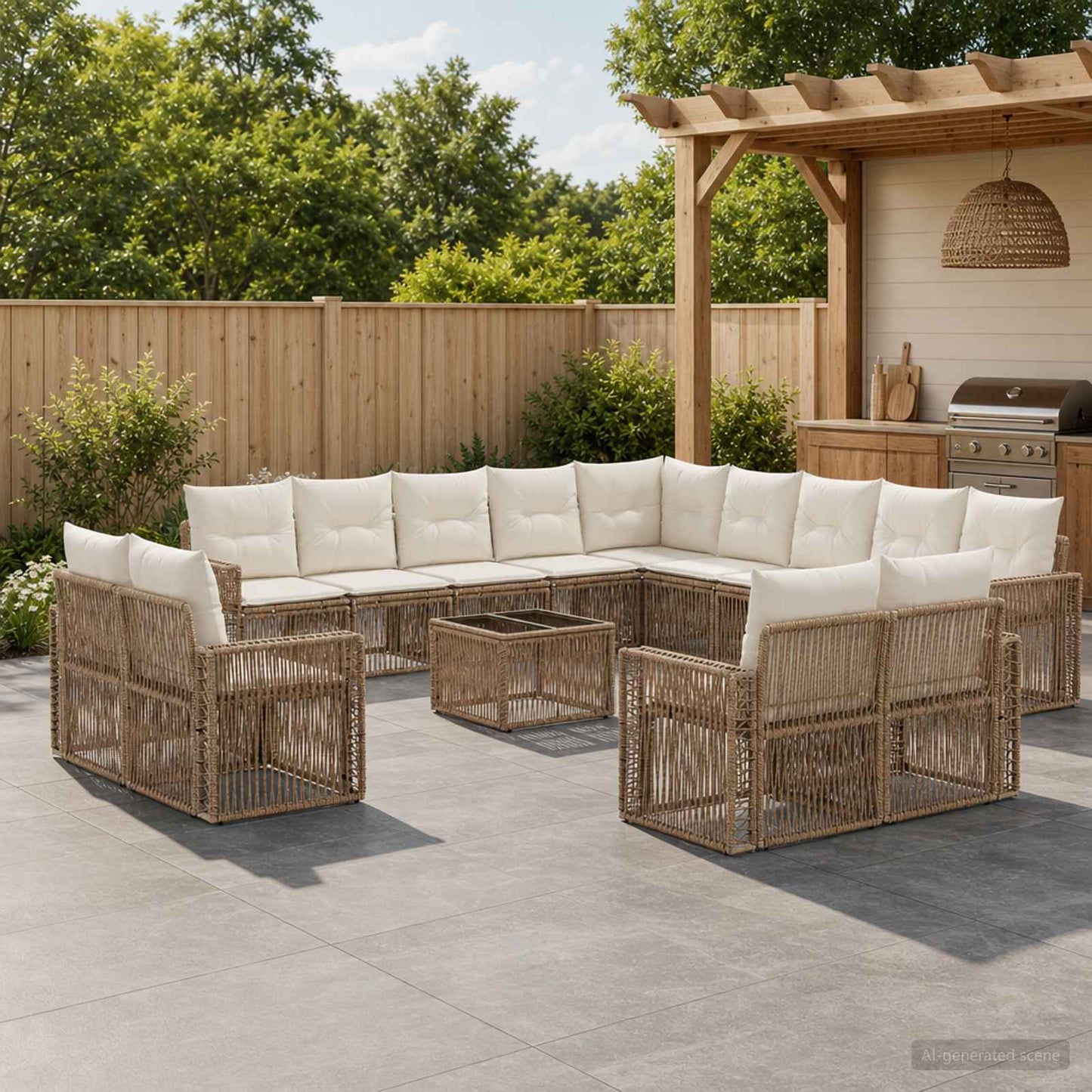 Gartensofa-set 14 pcs Beige und Cremeweiß Poly-Rattan