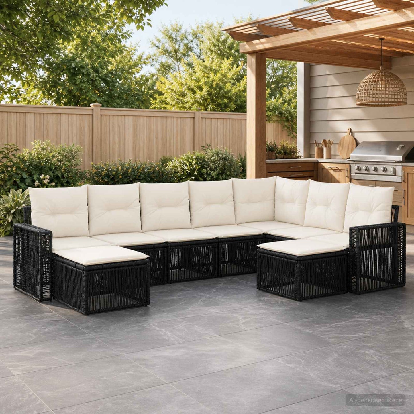 Gartensofa-set 9 pcs Schwarz und Cremeweiß Poly-Rattan