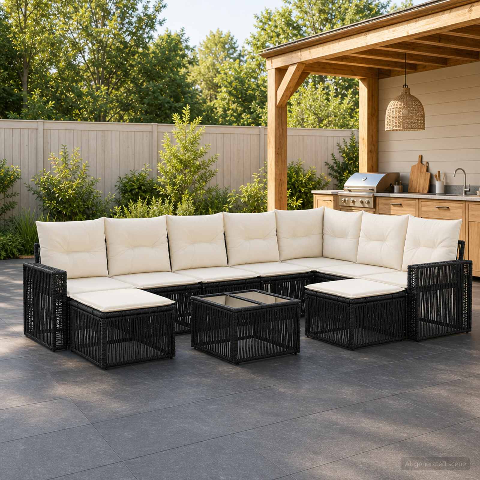 Gartensofa-set 10 pcs Schwarz und Cremeweiß Poly-Rattan