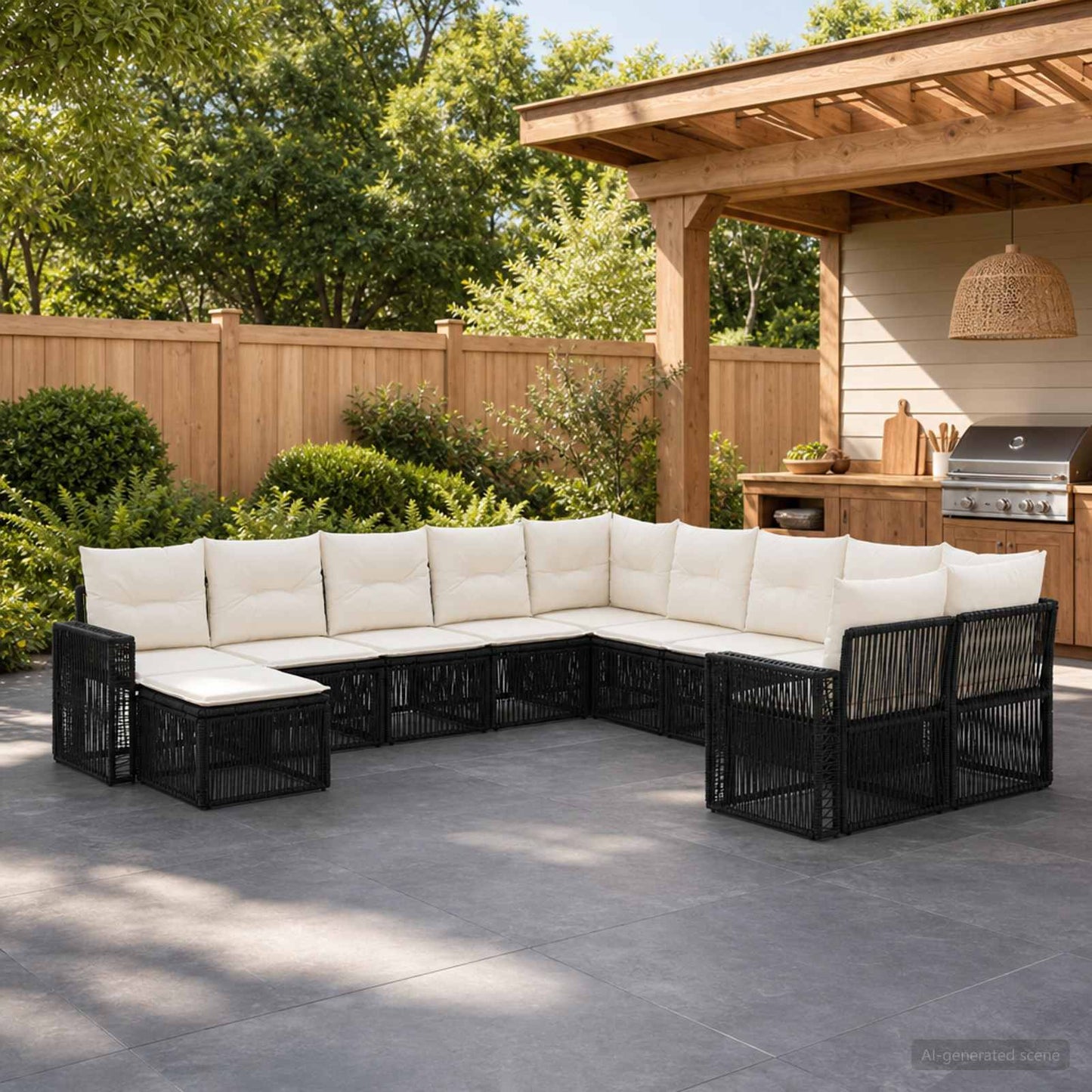Gartensofa-set 11 stk. Schwarz und Cremeweiß Poly-Rattan