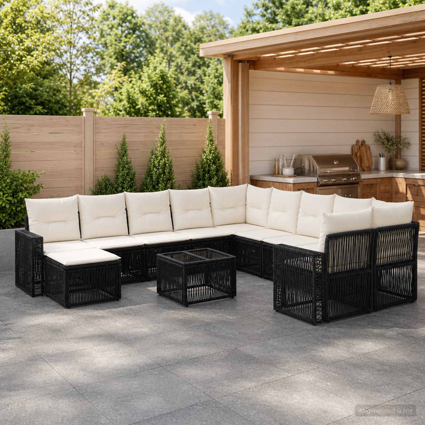 Gartensofa-set 12 stk. Schwarz und Cremeweiß Poly-Rattan