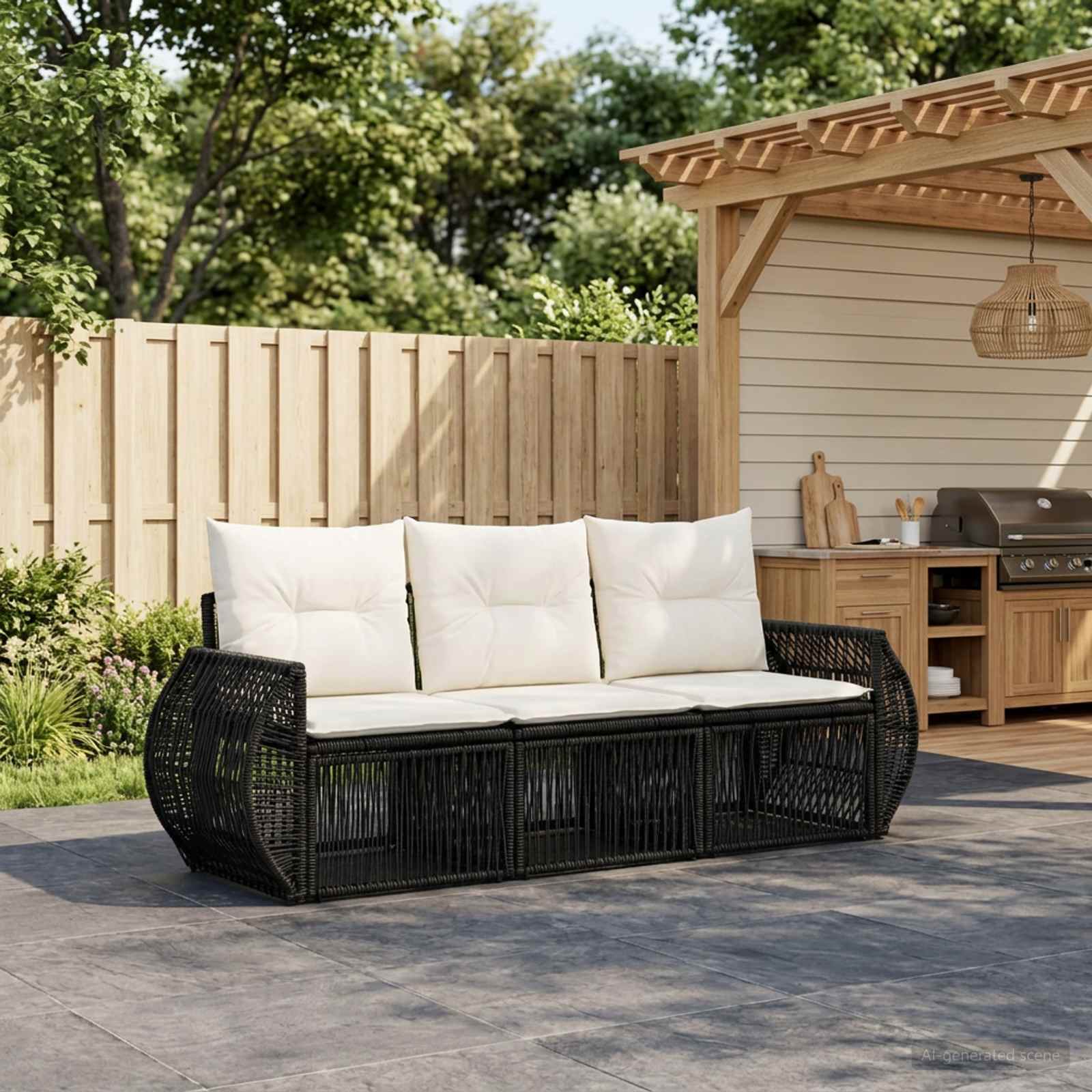 Gartensofa-set 3 pcs Schwarz und Cremeweiß Poly-Rattan