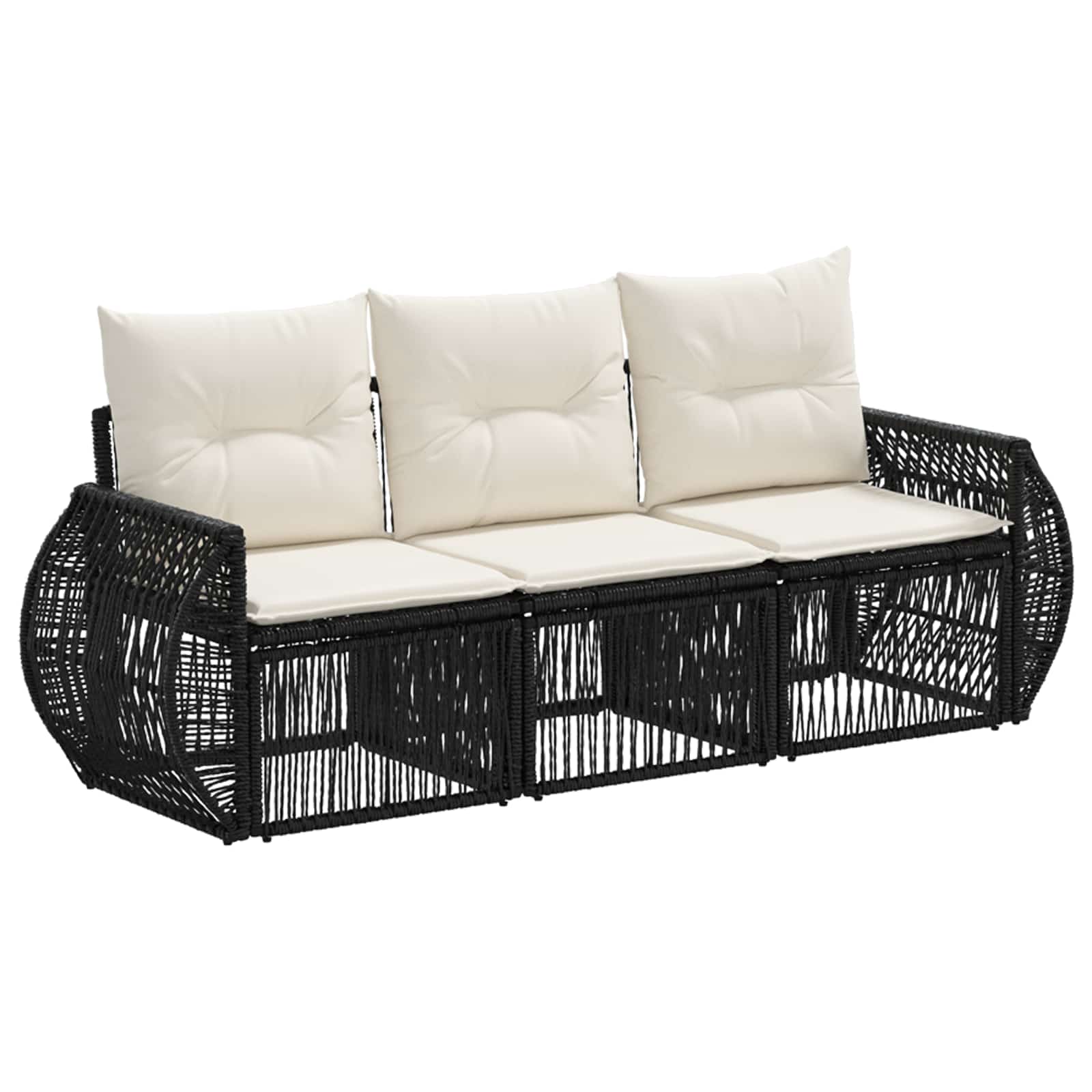 Gartensofa-set 3 pcs Schwarz und Cremeweiß Poly-Rattan