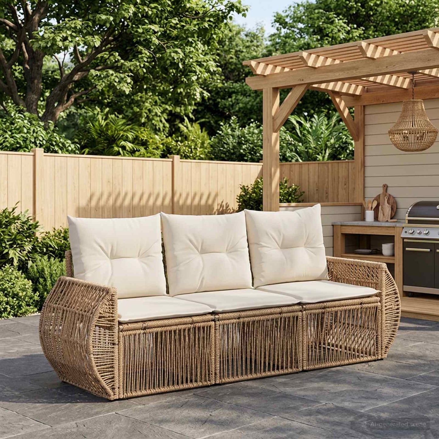 Gartensofa-set 3 pcs Beige und Cremeweiß Poly-Rattan