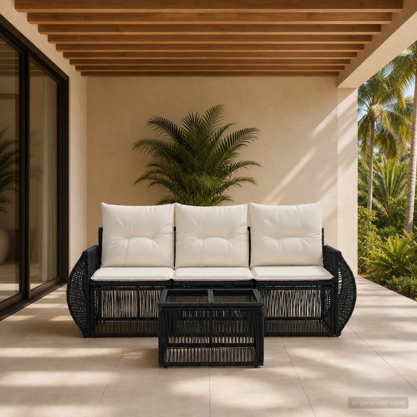 Gartensofa-set 4 stk. Schwarz und Cremeweiß Poly-Rattan