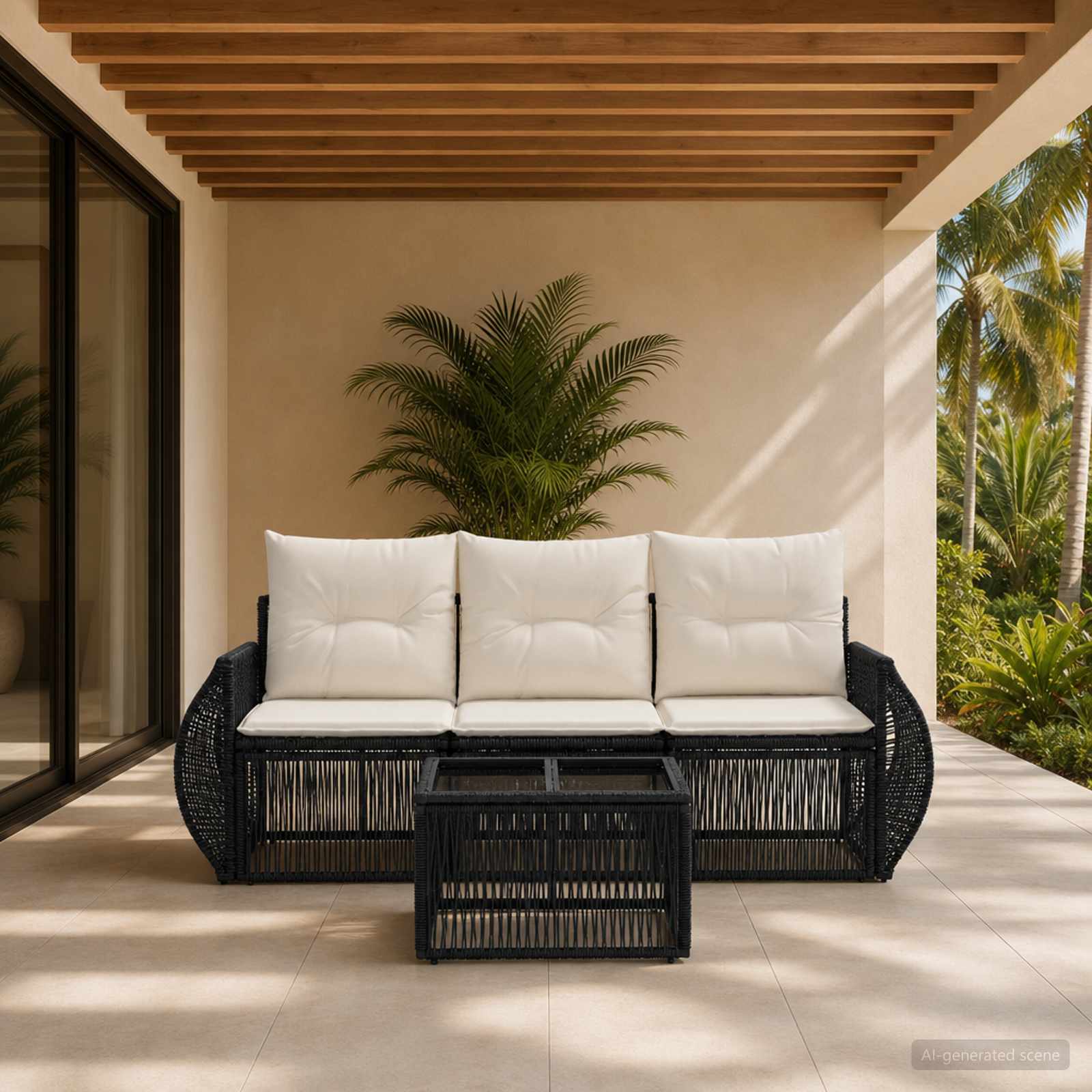 Gartensofa-set 4 stk. Schwarz und Cremeweiß Poly-Rattan