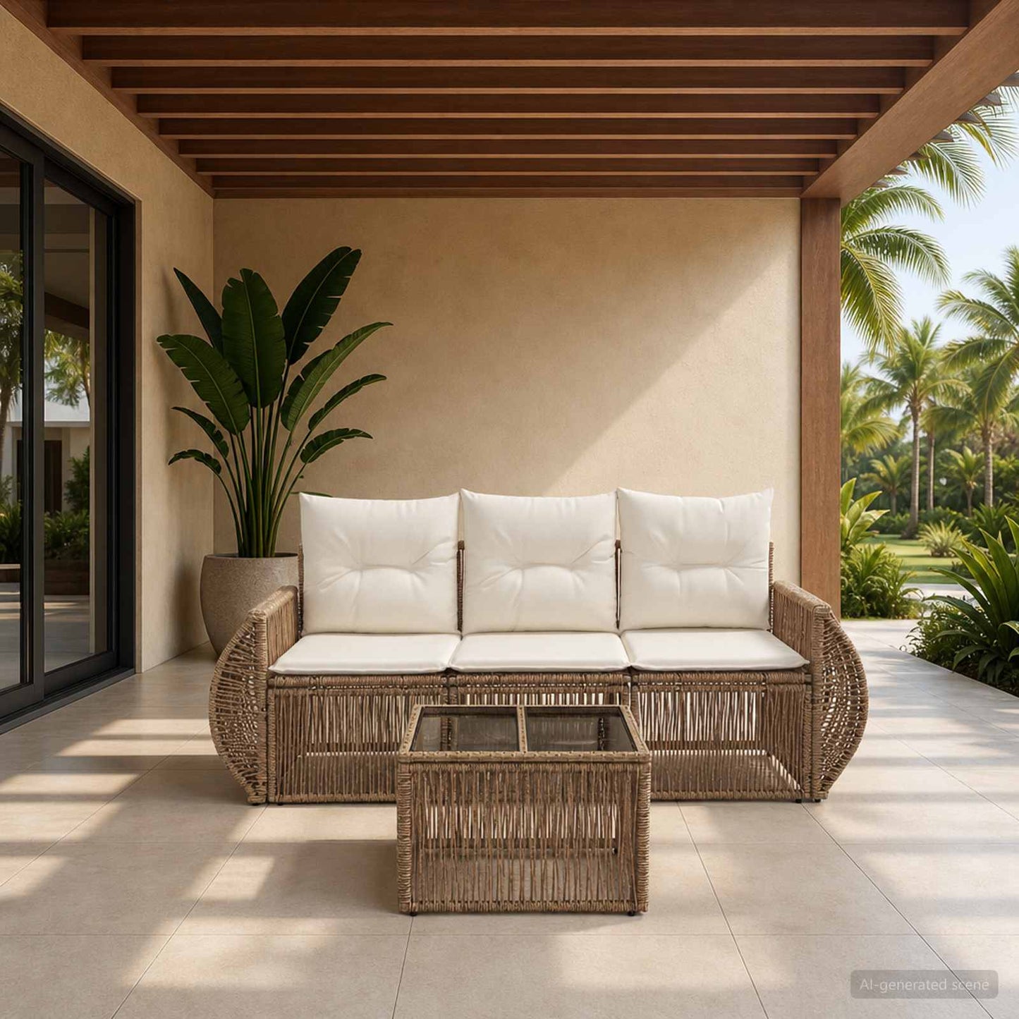 Gartensofa-set 4 pcs Beige und Cremeweiß Poly-Rattan
