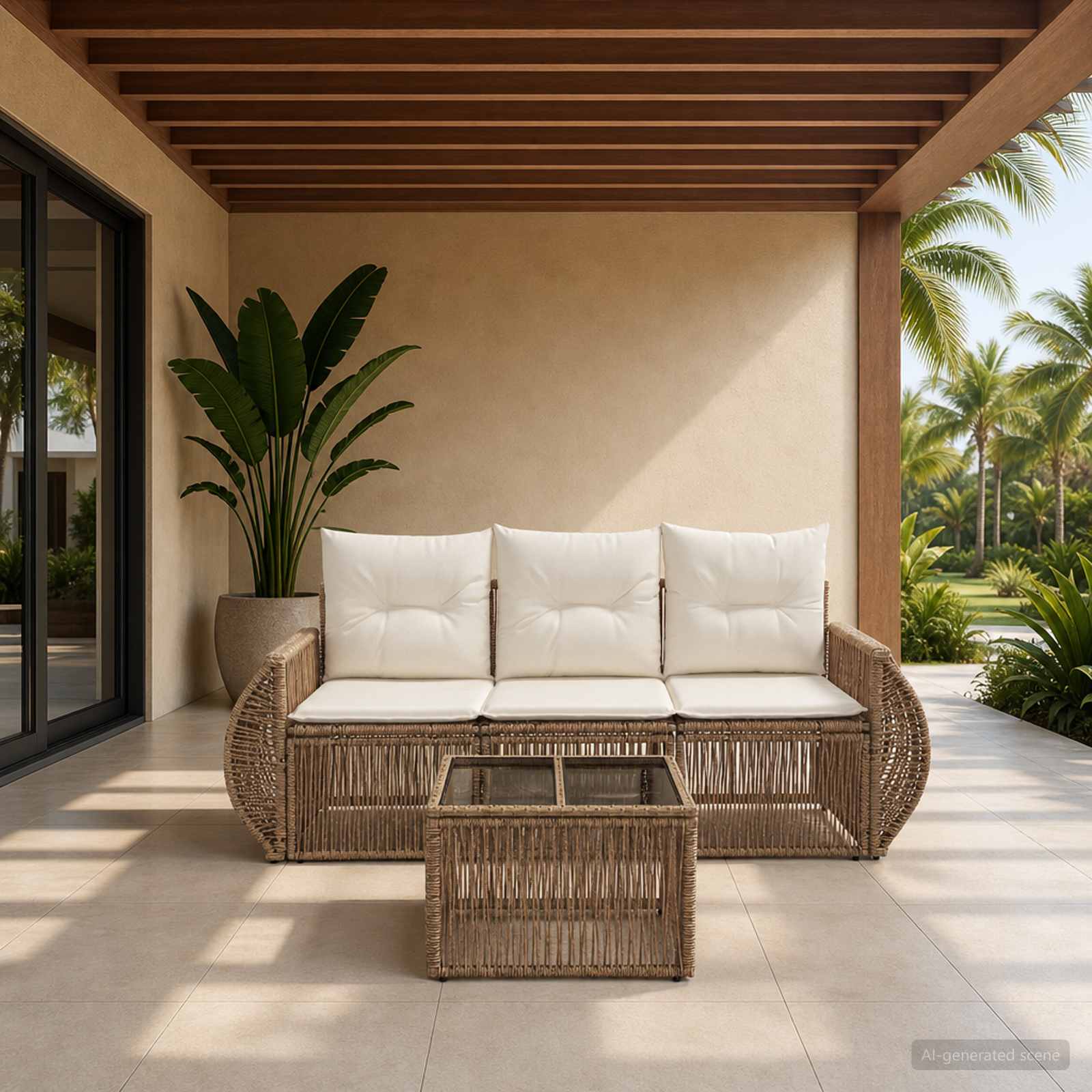 Gartensofa-set 4 pcs Beige und Cremeweiß Poly-Rattan