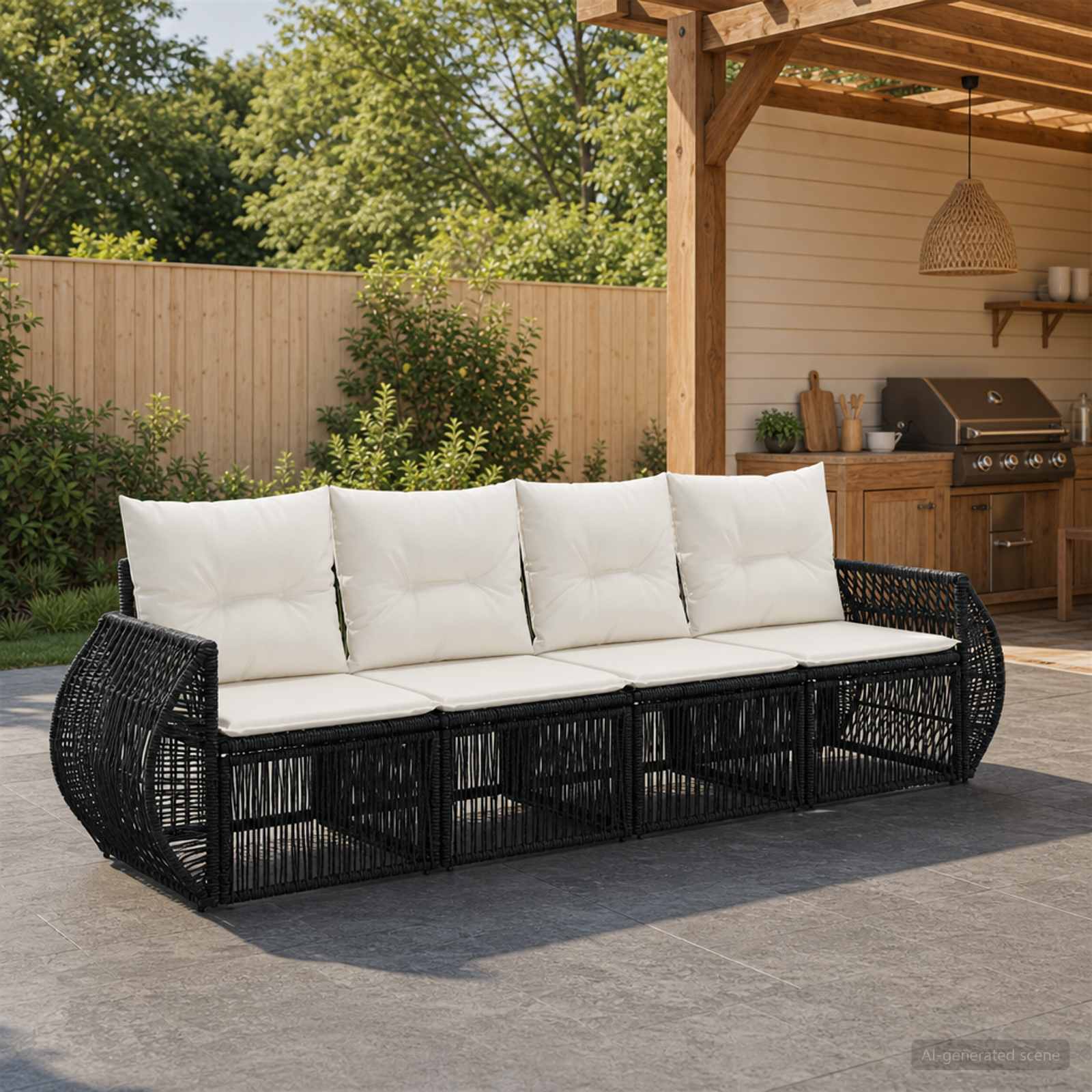 Gartensofa-set 4 pcs Schwarz und Cremeweiß Poly-Rattan
