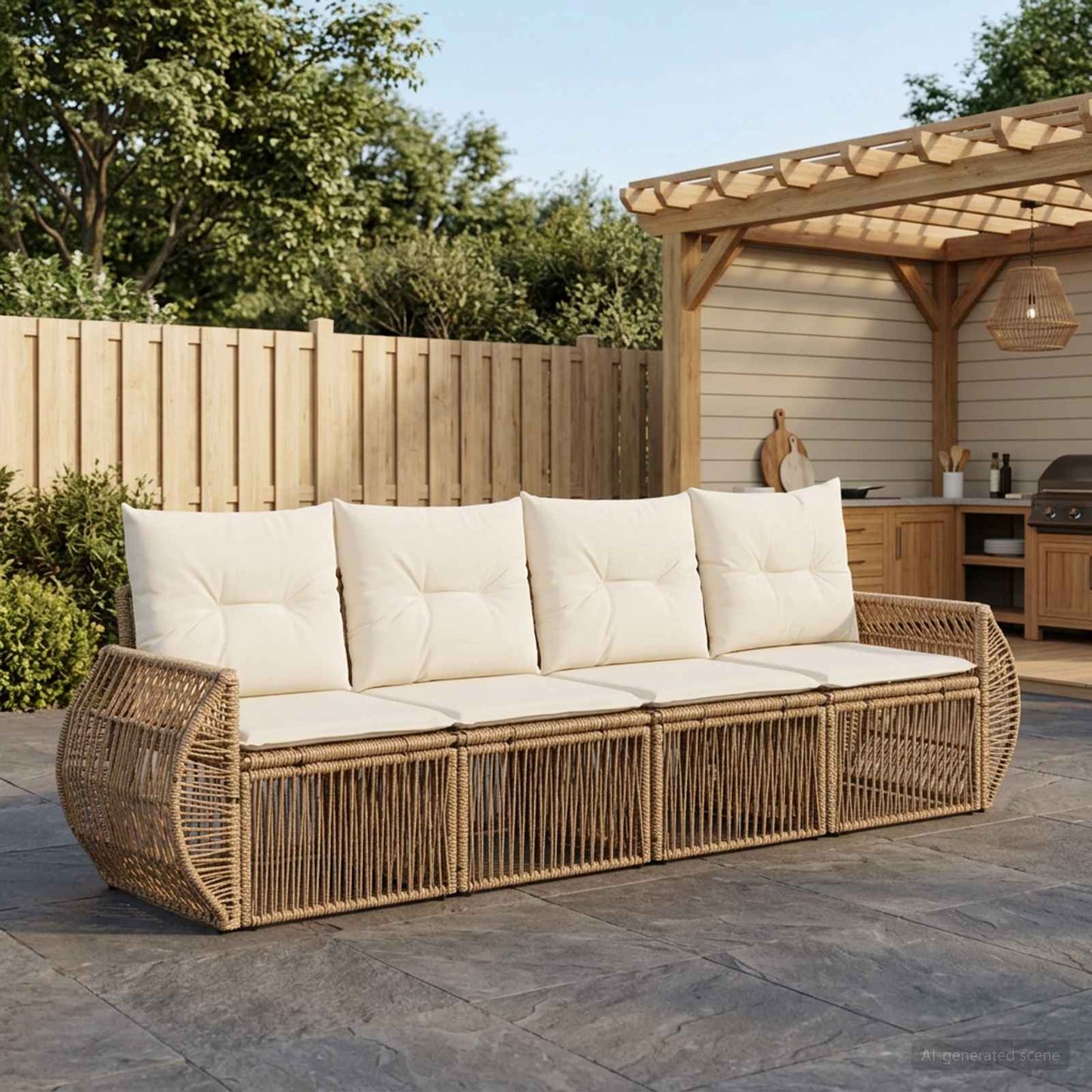 Gartensofa-set 4 pcs Beige und Cremeweiß Poly-Rattan