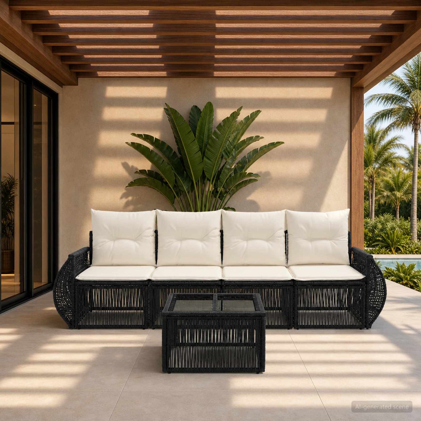 Gartensofa-set 5 stk. Schwarz und Cremeweiß Poly-Rattan