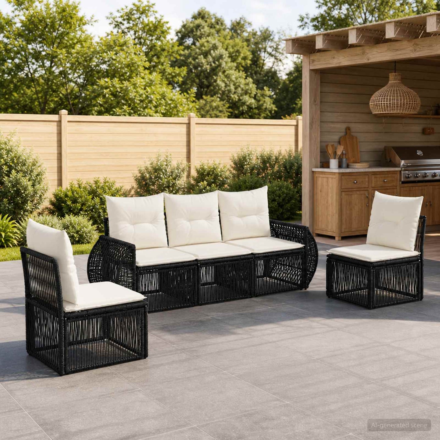 Gartensofa-set 5 pcs Schwarz und Cremeweiß Poly-Rattan