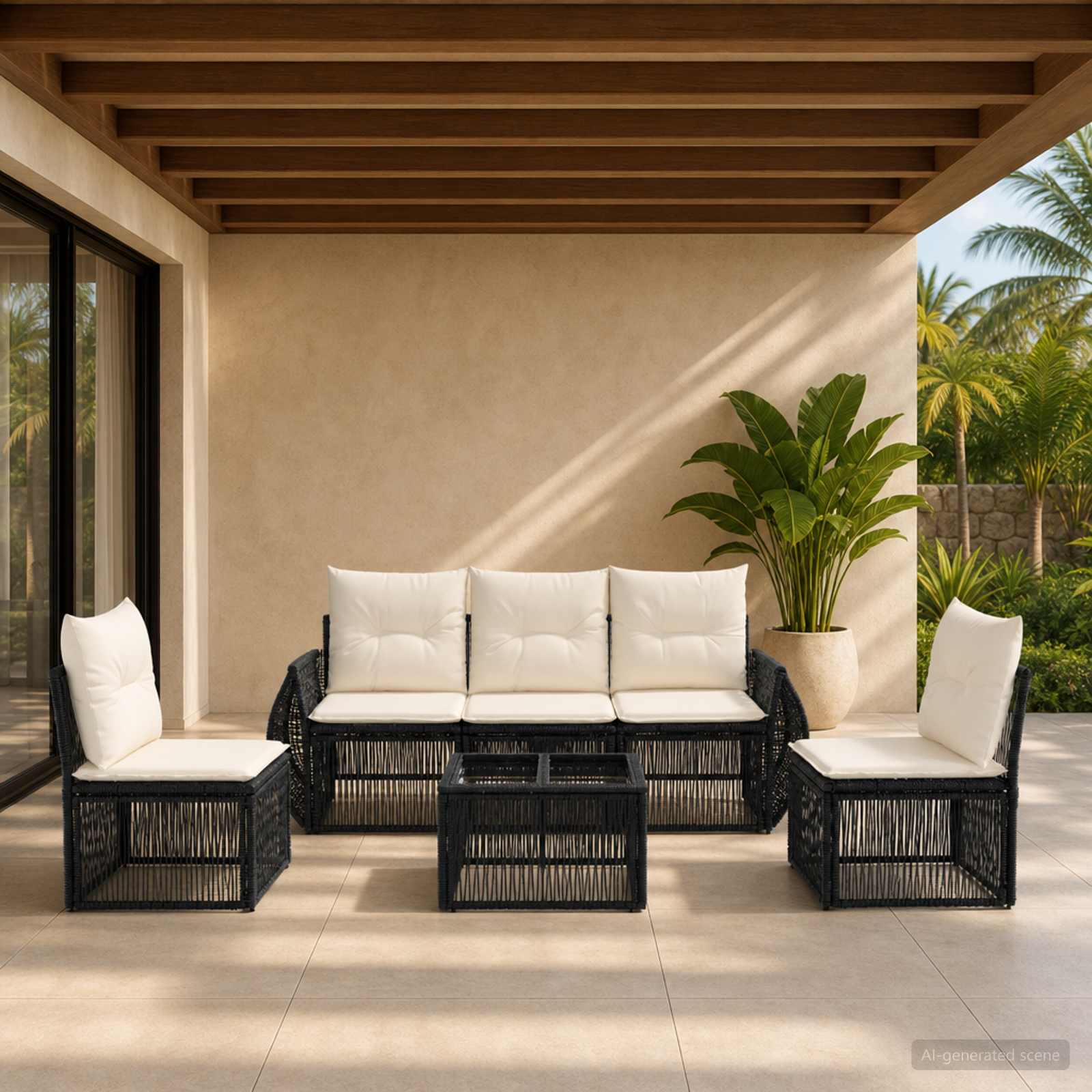 Gartensofa-set 6 stk. Schwarz und Cremeweiß Poly-Rattan